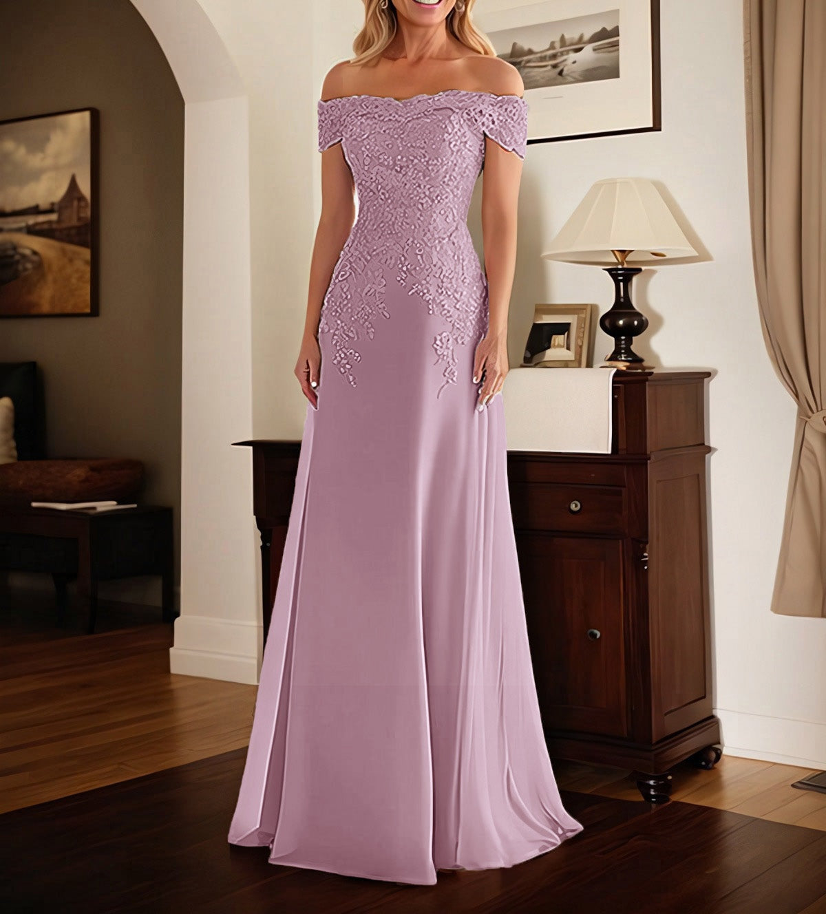 Elegant Taupe Off The Shoulder Sheath Mother of the Bride Dress with Lace