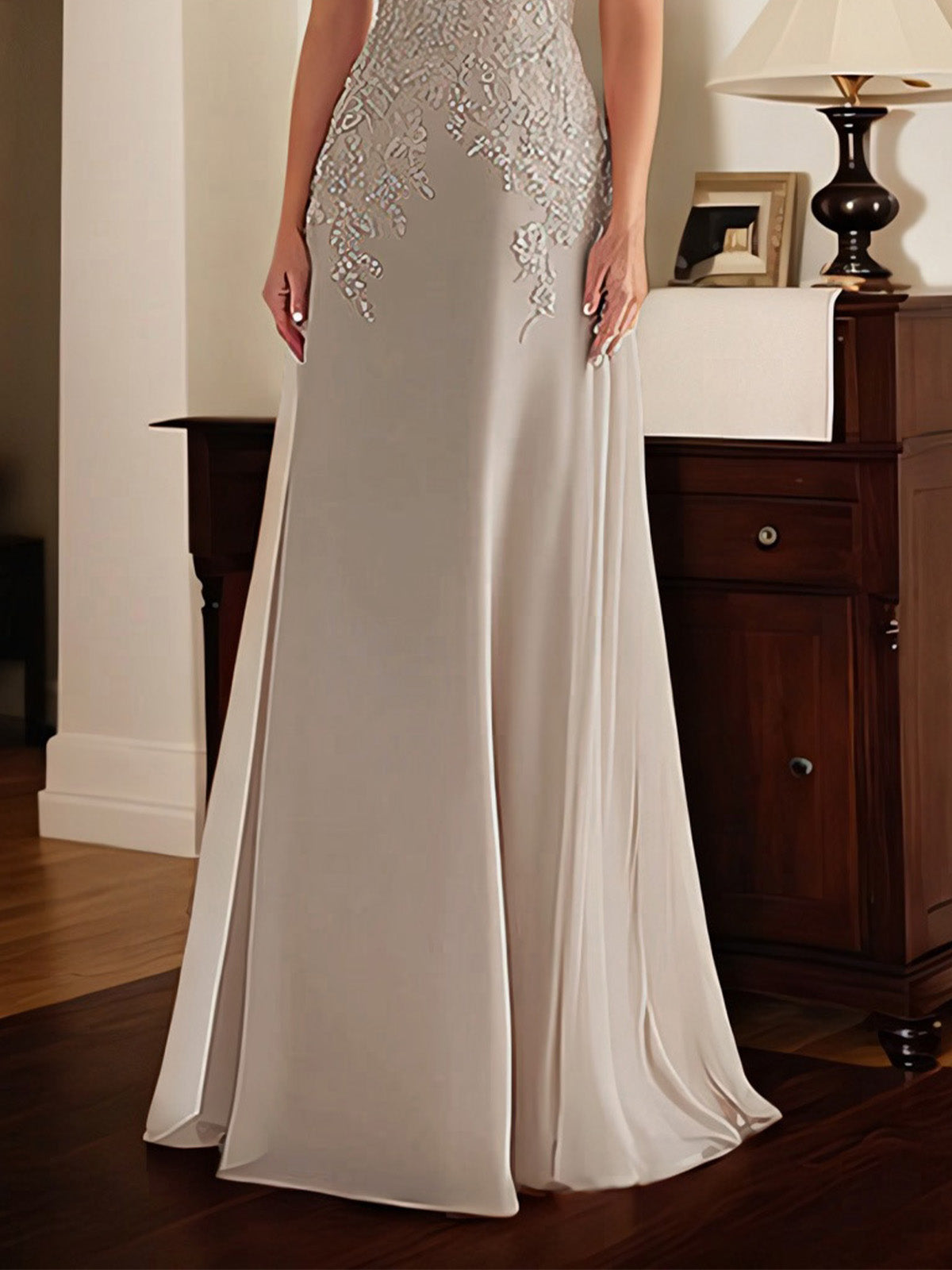 Elegant Taupe Off The Shoulder Sheath Mother of the Bride Dress with Lace
