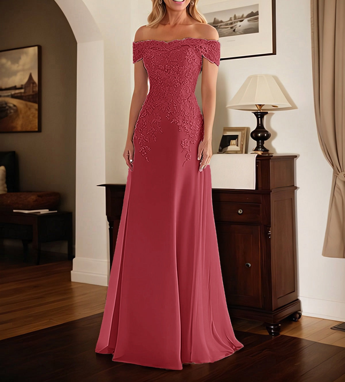 Elegant Taupe Off The Shoulder Sheath Mother of the Bride Dress with Lace