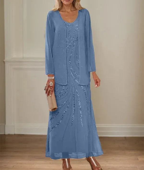 Sheath/Column V-Neck Ankle-Length Mother of the Bride Dresses with Jacket & Sequins