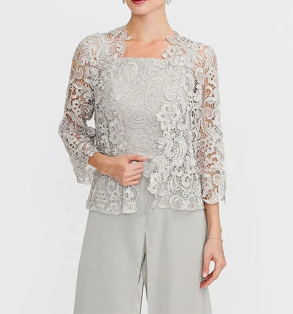 3 Piece Chiffon Square Neck Mother of the Bride Pantsuits with Jacket