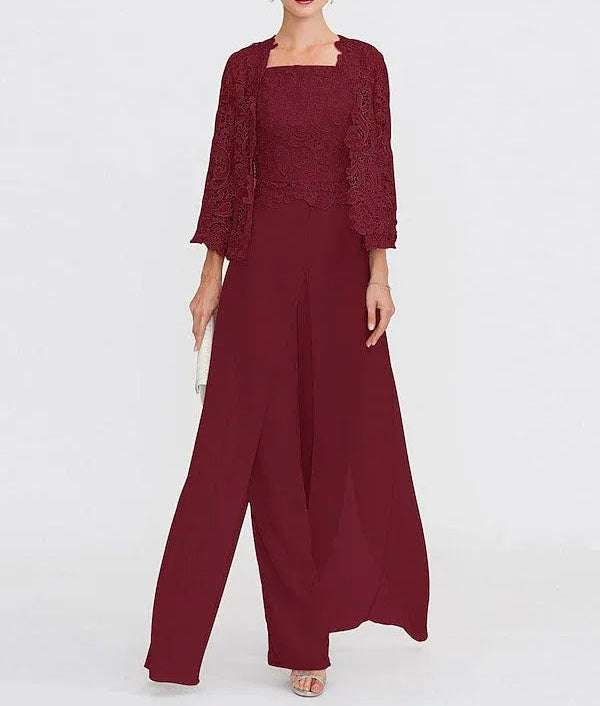 3 Piece Chiffon Square Neck Mother of the Bride Pantsuits with Jacket