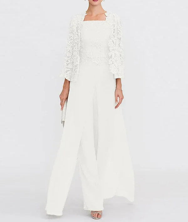 3 Piece Chiffon Square Neck Mother of the Bride Pantsuits with Jacket