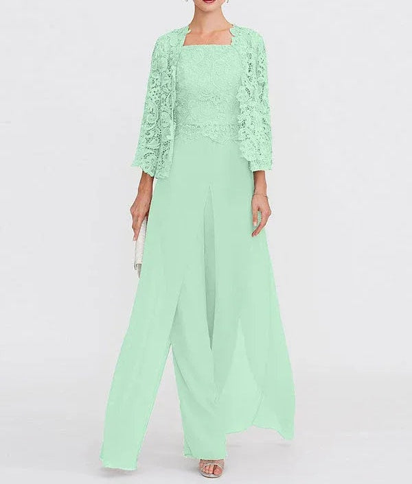 3 Piece Chiffon Square Neck Mother of the Bride Pantsuits with Jacket