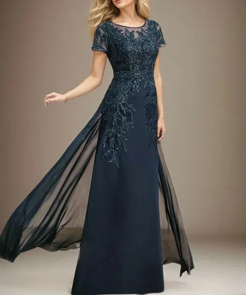 Sheath/Column Scoop Illusion Floor-Length Lace Chiffon Mother of the Bride Dress With Sequins