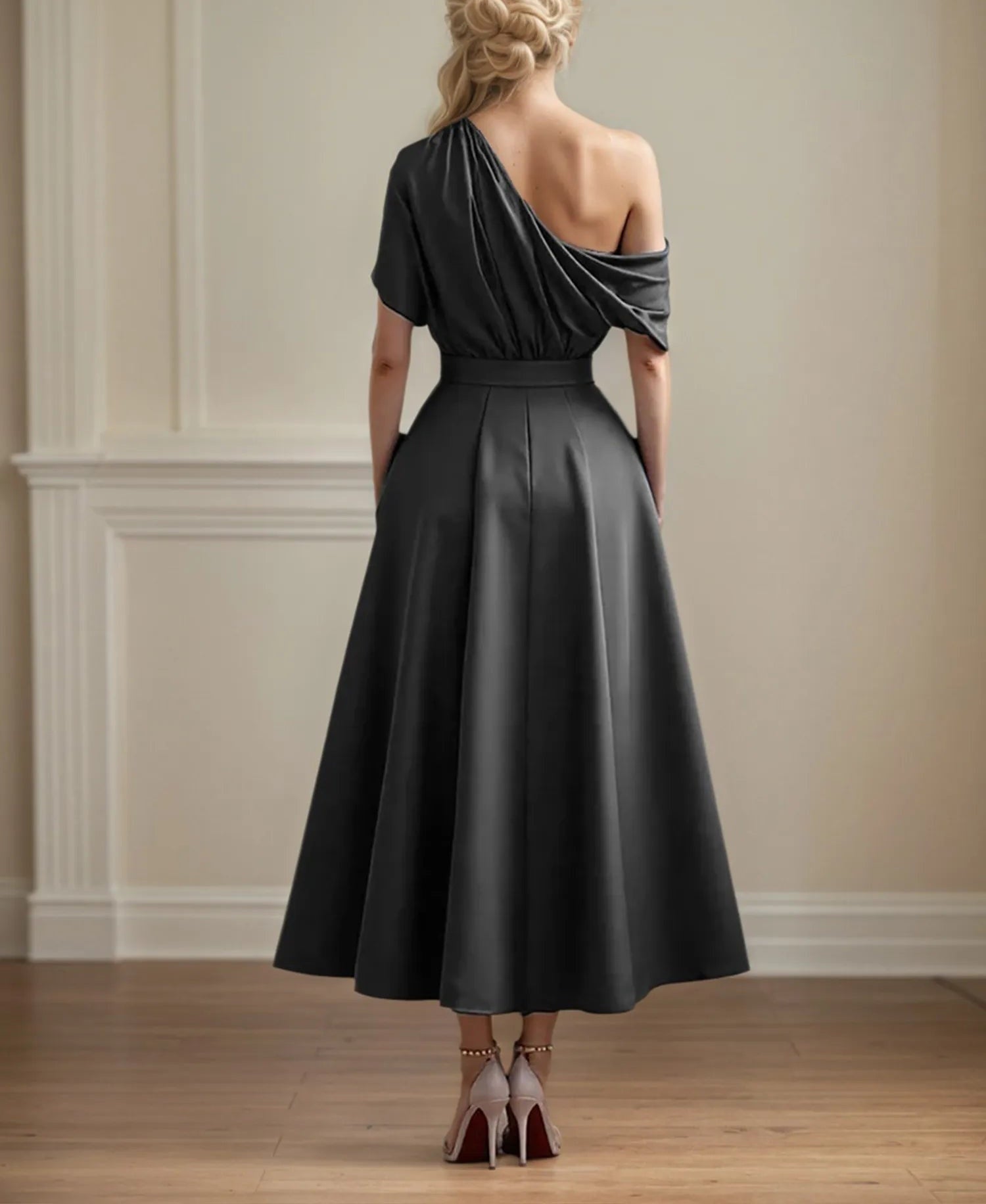 A Line Satin One Shoulder Pleated Ankle Length Mother of the Bride Dress