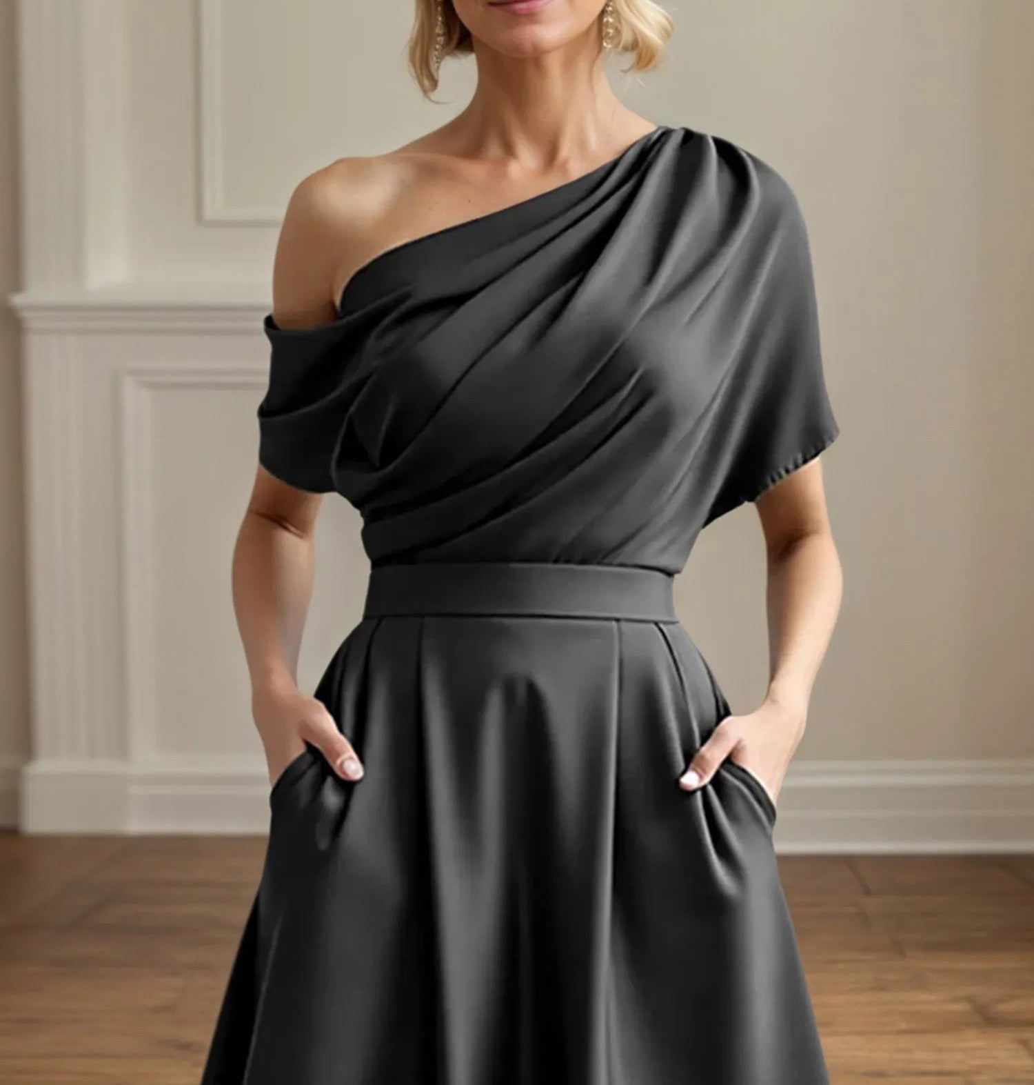 A Line Satin One Shoulder Pleated Ankle Length Mother of the Bride Dress