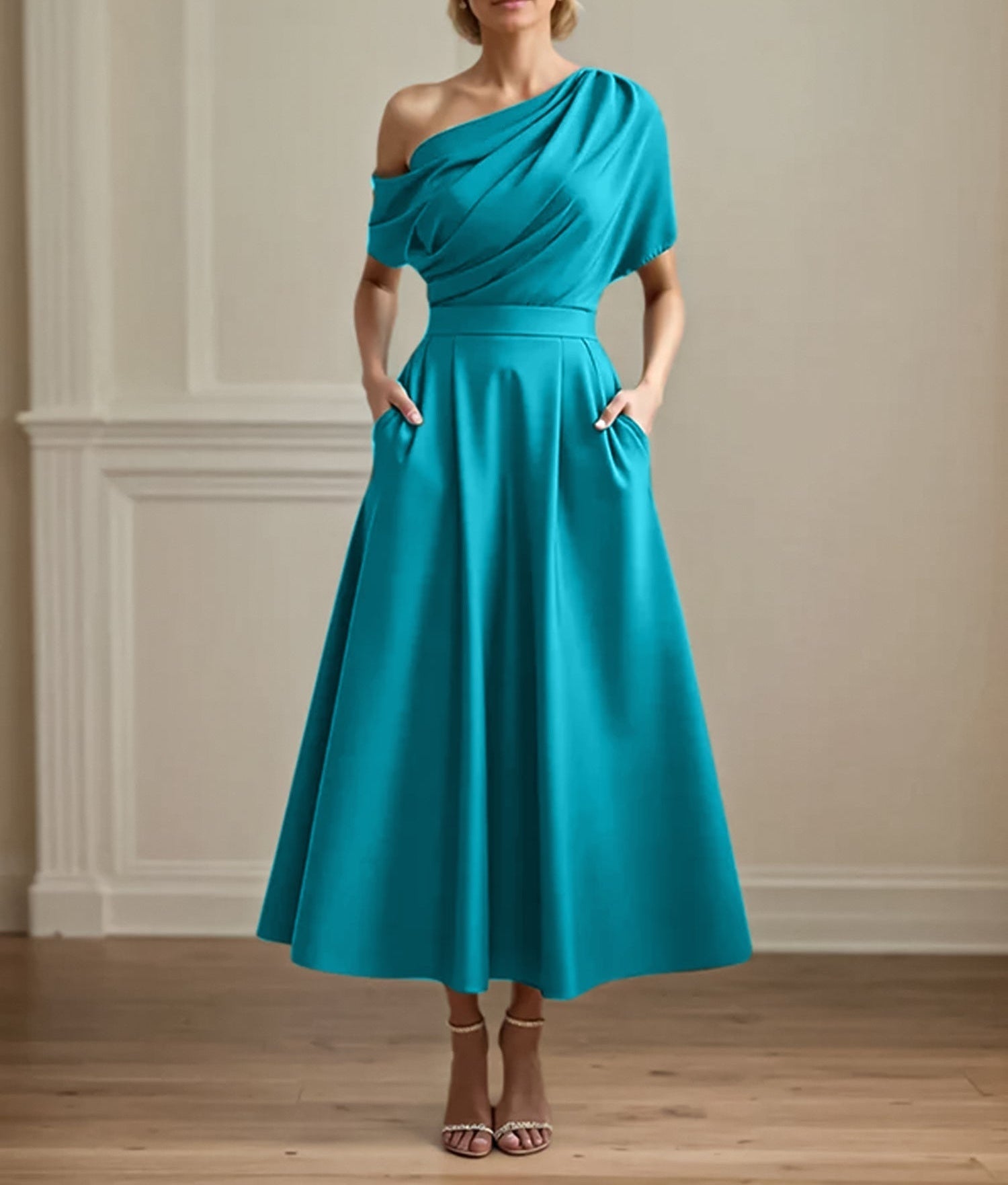 A Line Satin One Shoulder Pleated Ankle Length Mother of the Bride Dress