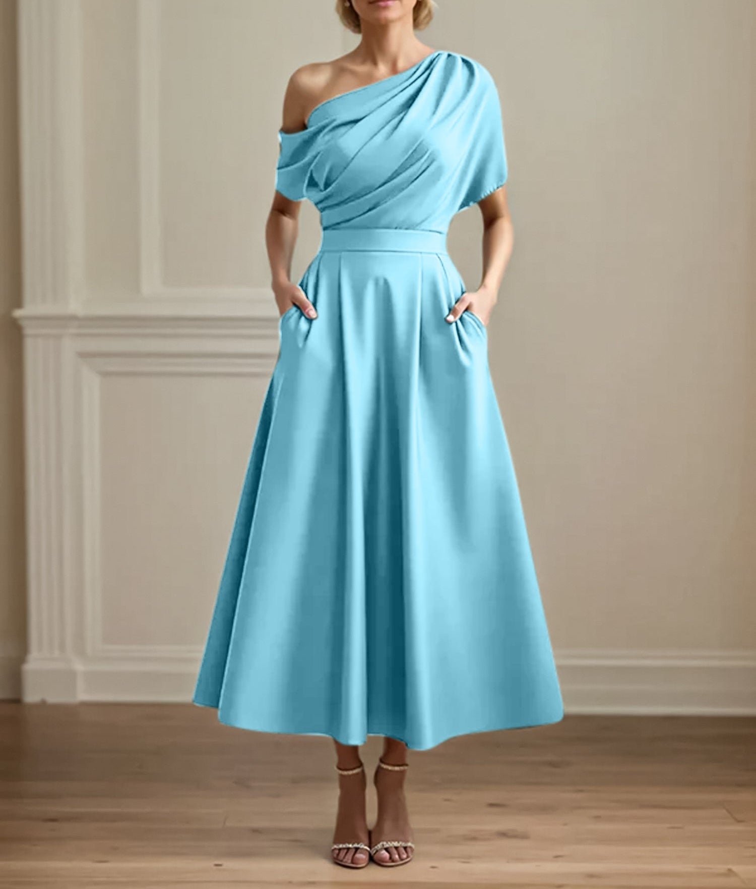 A Line Satin One Shoulder Pleated Ankle Length Mother of the Bride Dress