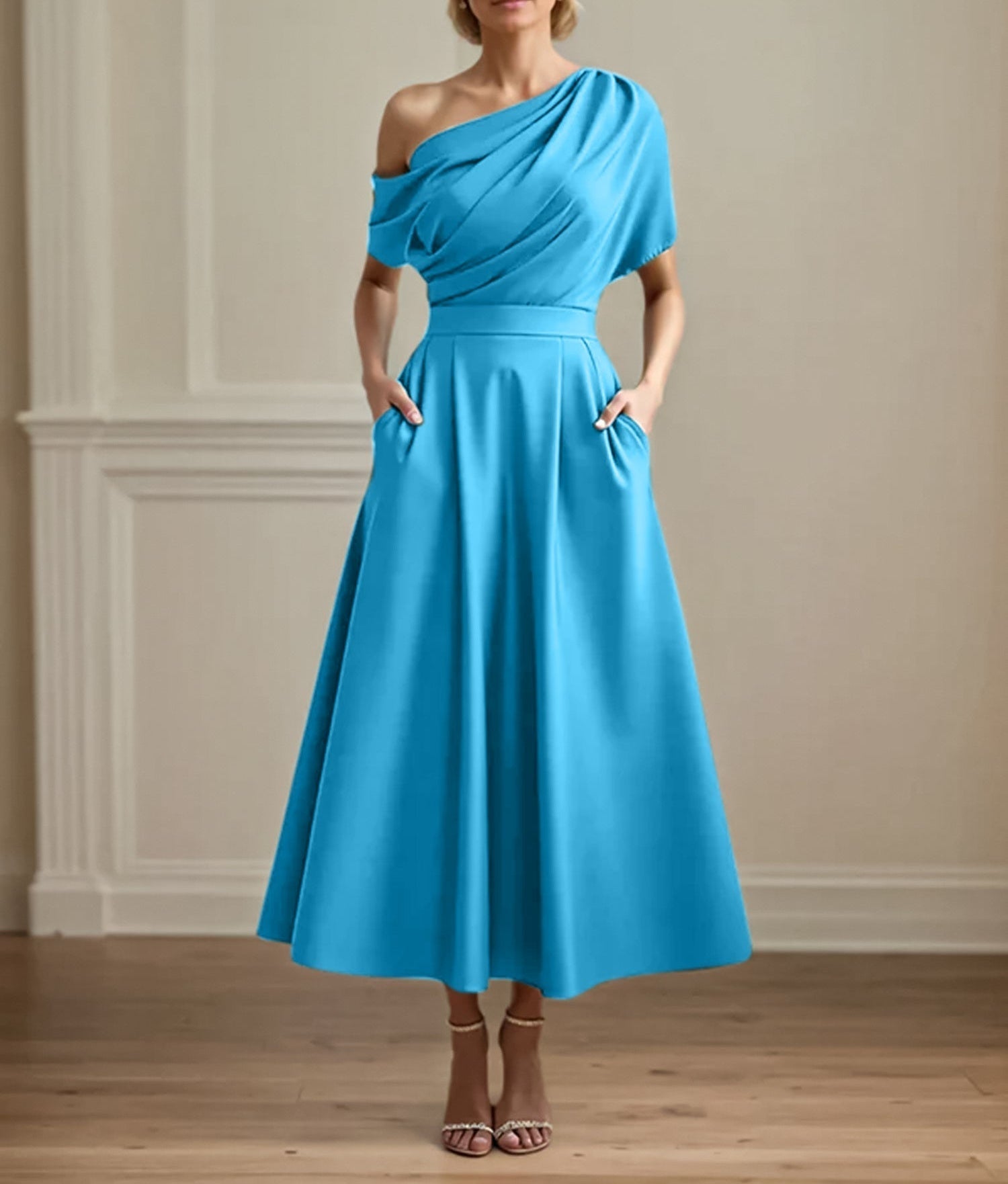A Line Satin One Shoulder Pleated Ankle Length Mother of the Bride Dress