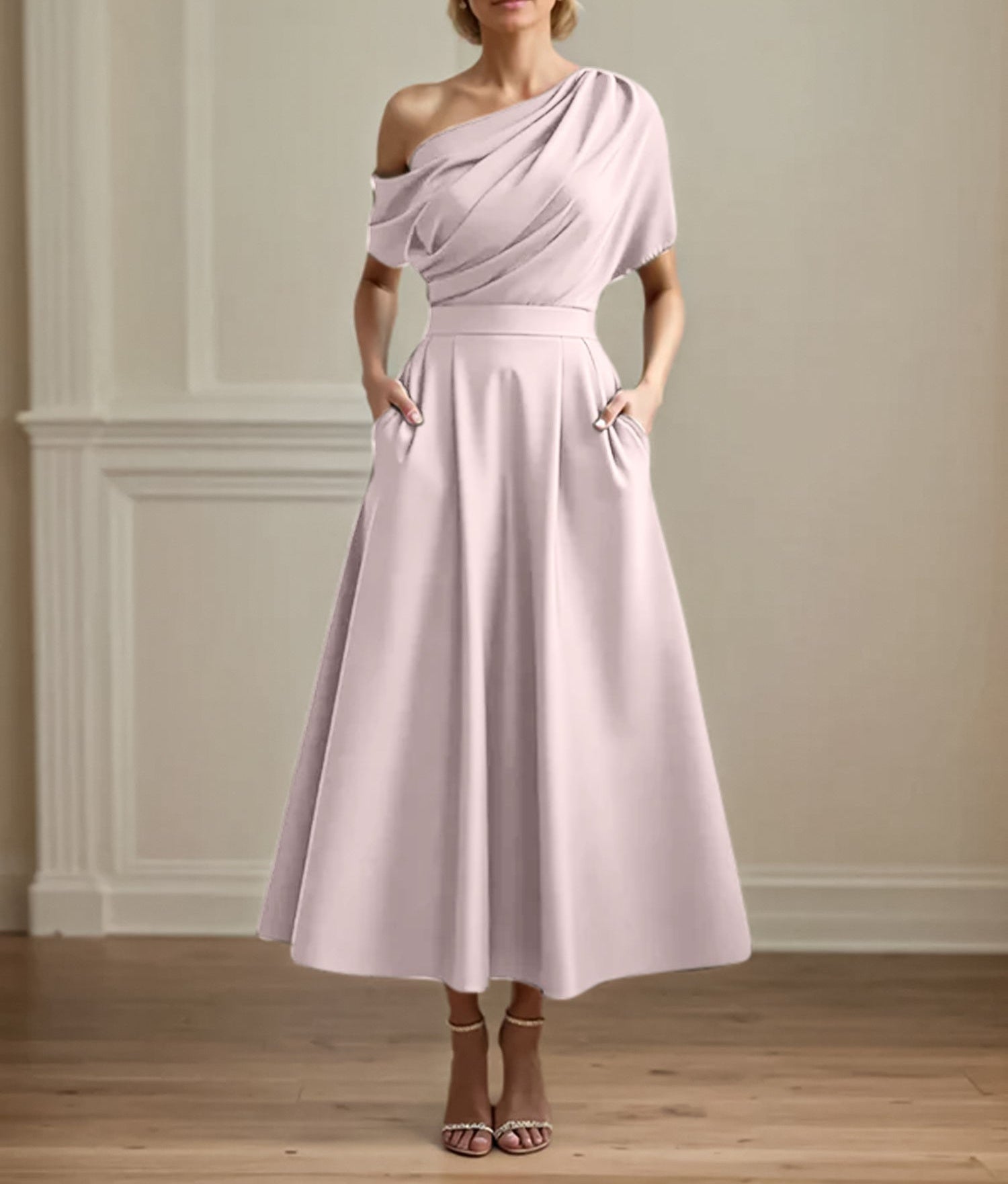 A Line Satin One Shoulder Pleated Ankle Length Mother of the Bride Dress