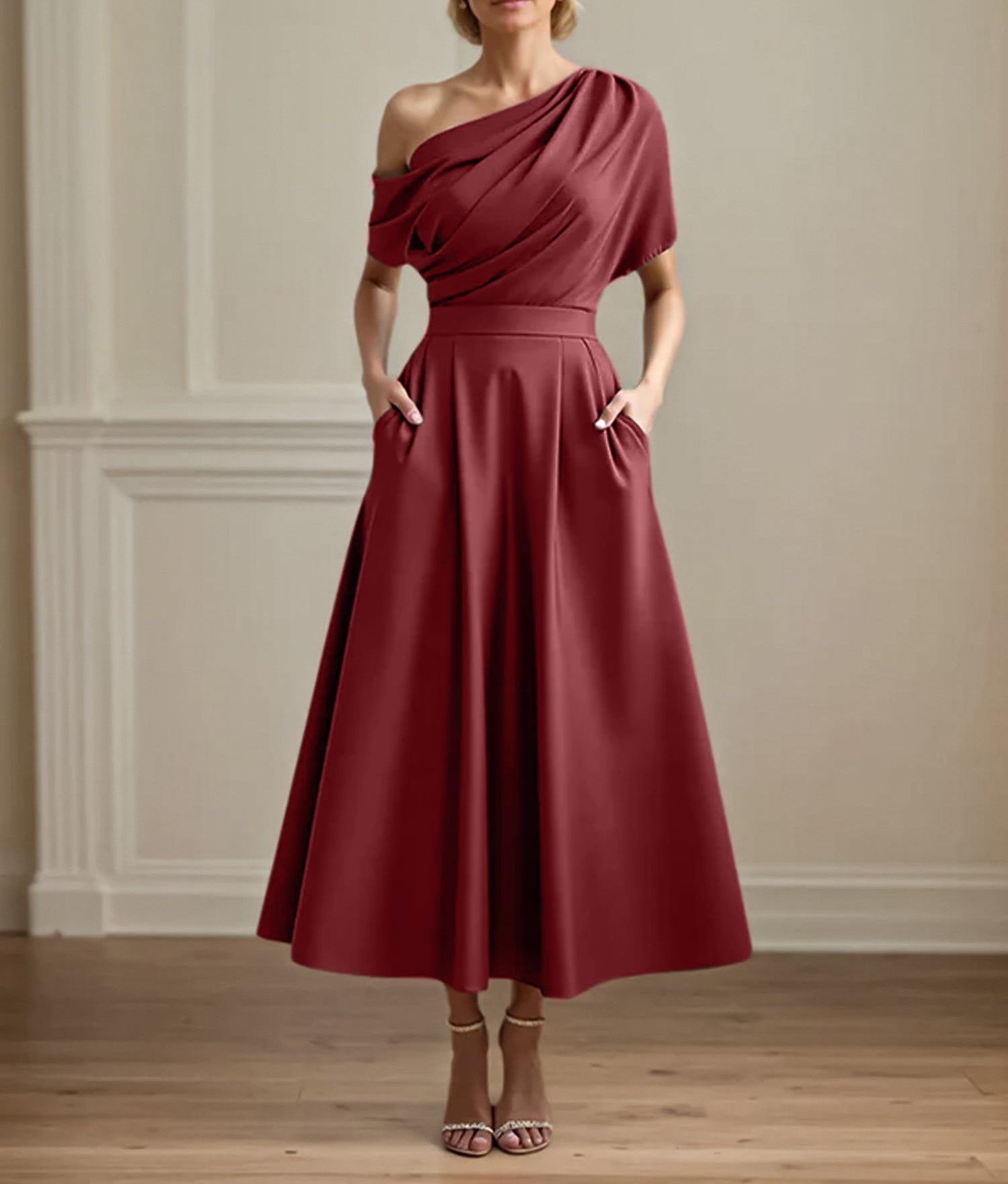 A Line Satin One Shoulder Pleated Ankle Length Mother of the Bride Dress
