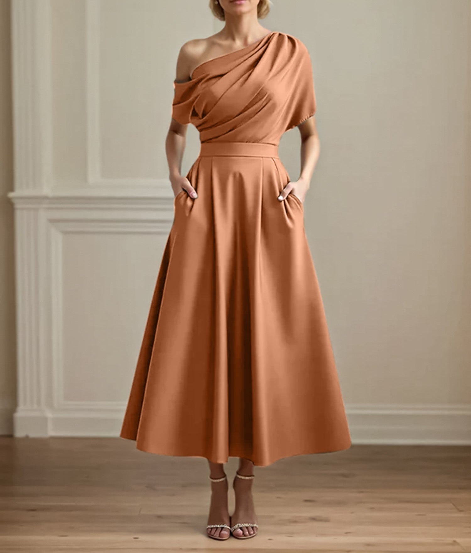 A Line Satin One Shoulder Pleated Ankle Length Mother of the Bride Dress