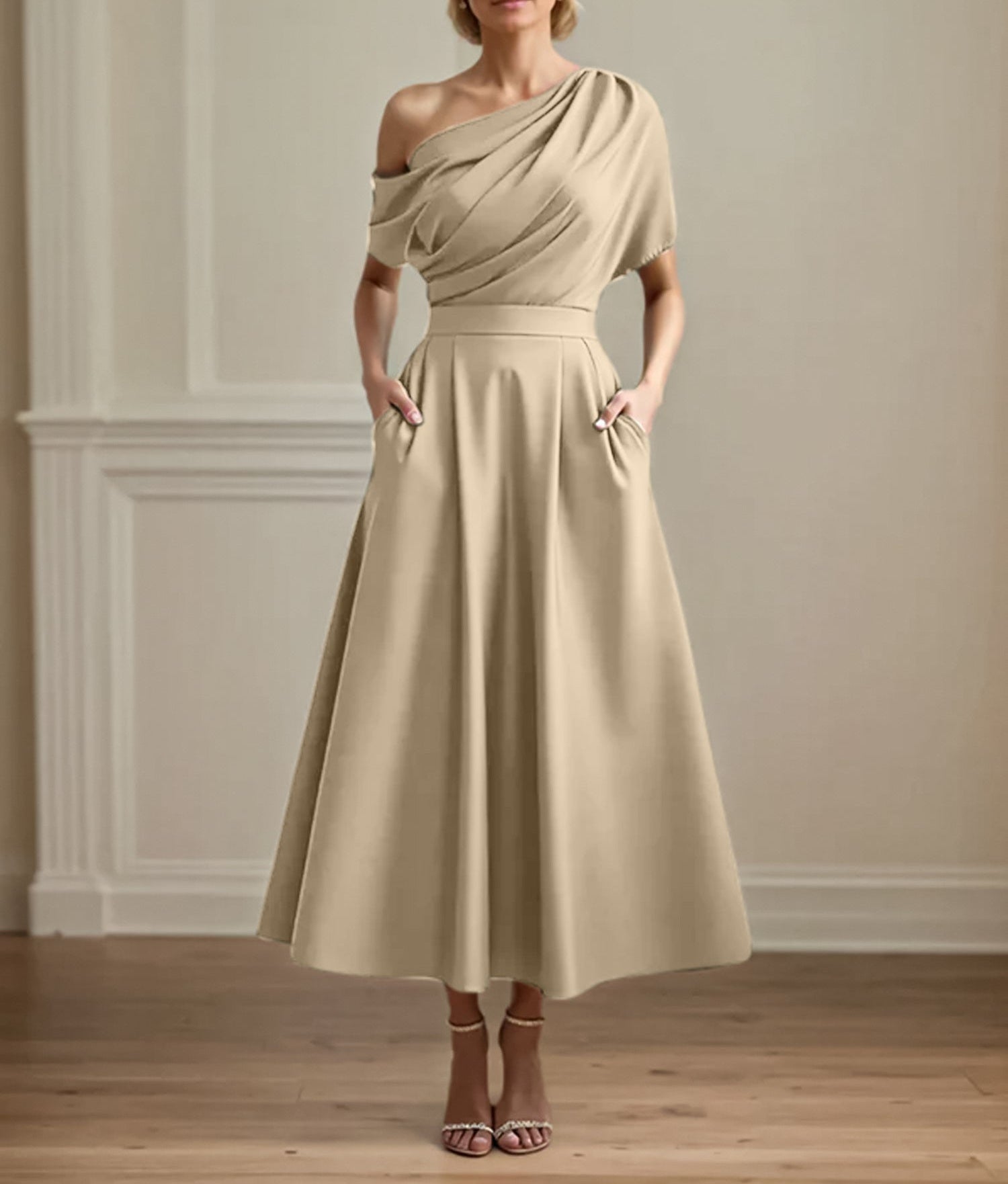 A Line Satin One Shoulder Pleated Ankle Length Mother of the Bride Dress