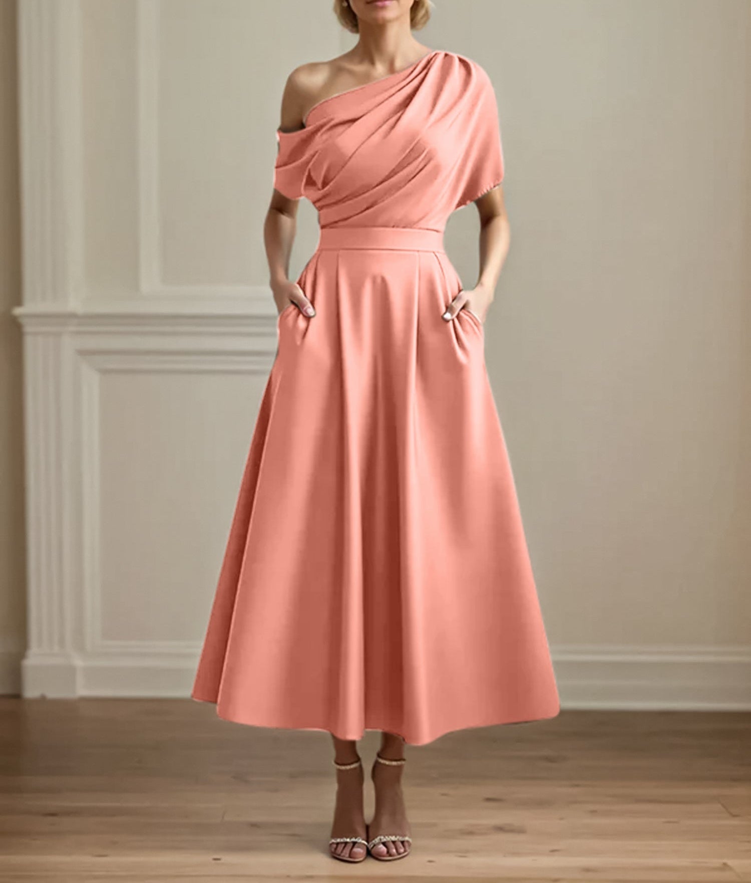 A Line Satin One Shoulder Pleated Ankle Length Mother of the Bride Dress