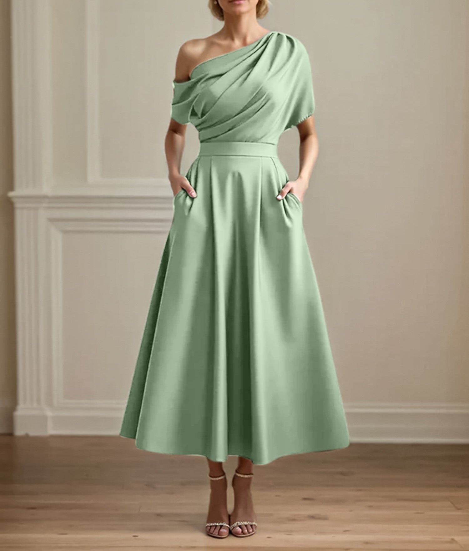 A Line Satin One Shoulder Pleated Ankle Length Mother of the Bride Dress
