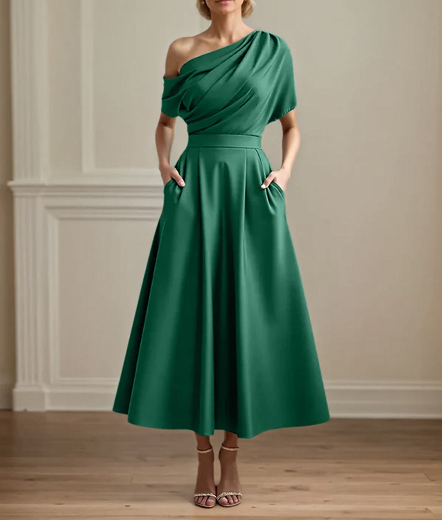 A Line Satin One Shoulder Pleated Ankle Length Mother of the Bride Dress