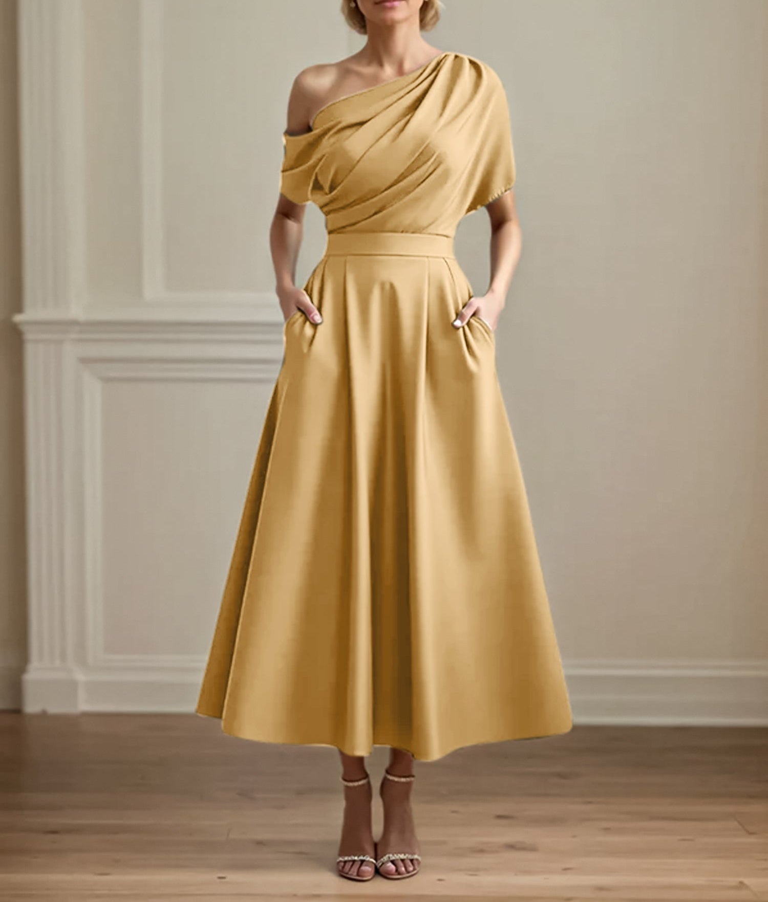A Line Satin One Shoulder Pleated Ankle Length Mother of the Bride Dress
