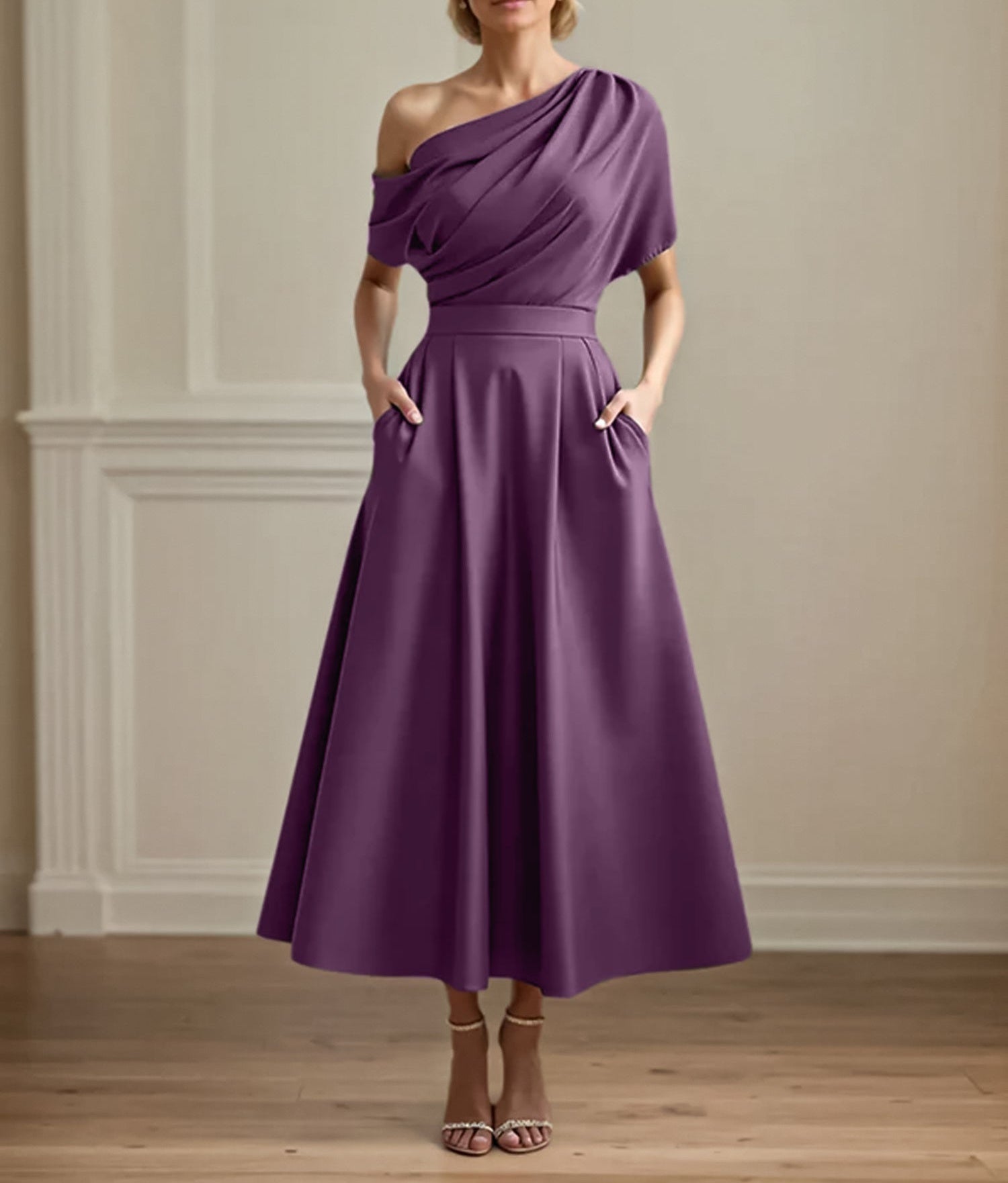 A Line Satin One Shoulder Pleated Ankle Length Mother of the Bride Dress