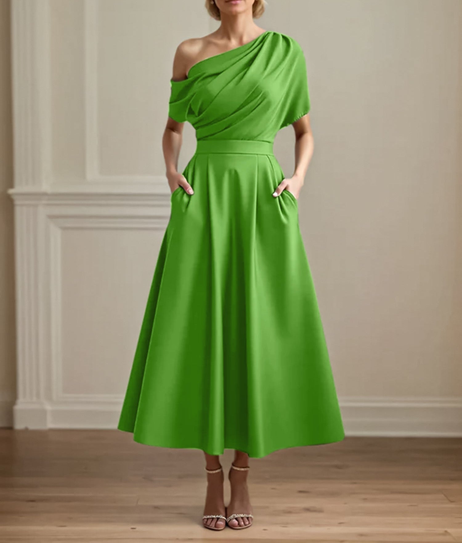 A Line Satin One Shoulder Pleated Ankle Length Mother of the Bride Dress