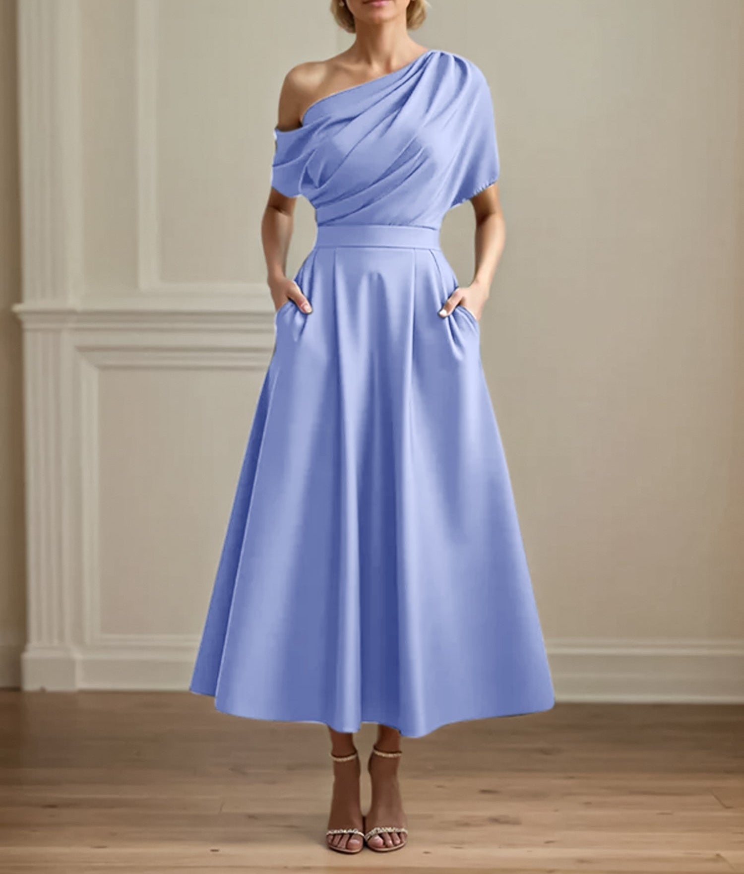 A Line Satin One Shoulder Pleated Ankle Length Mother of the Bride Dress