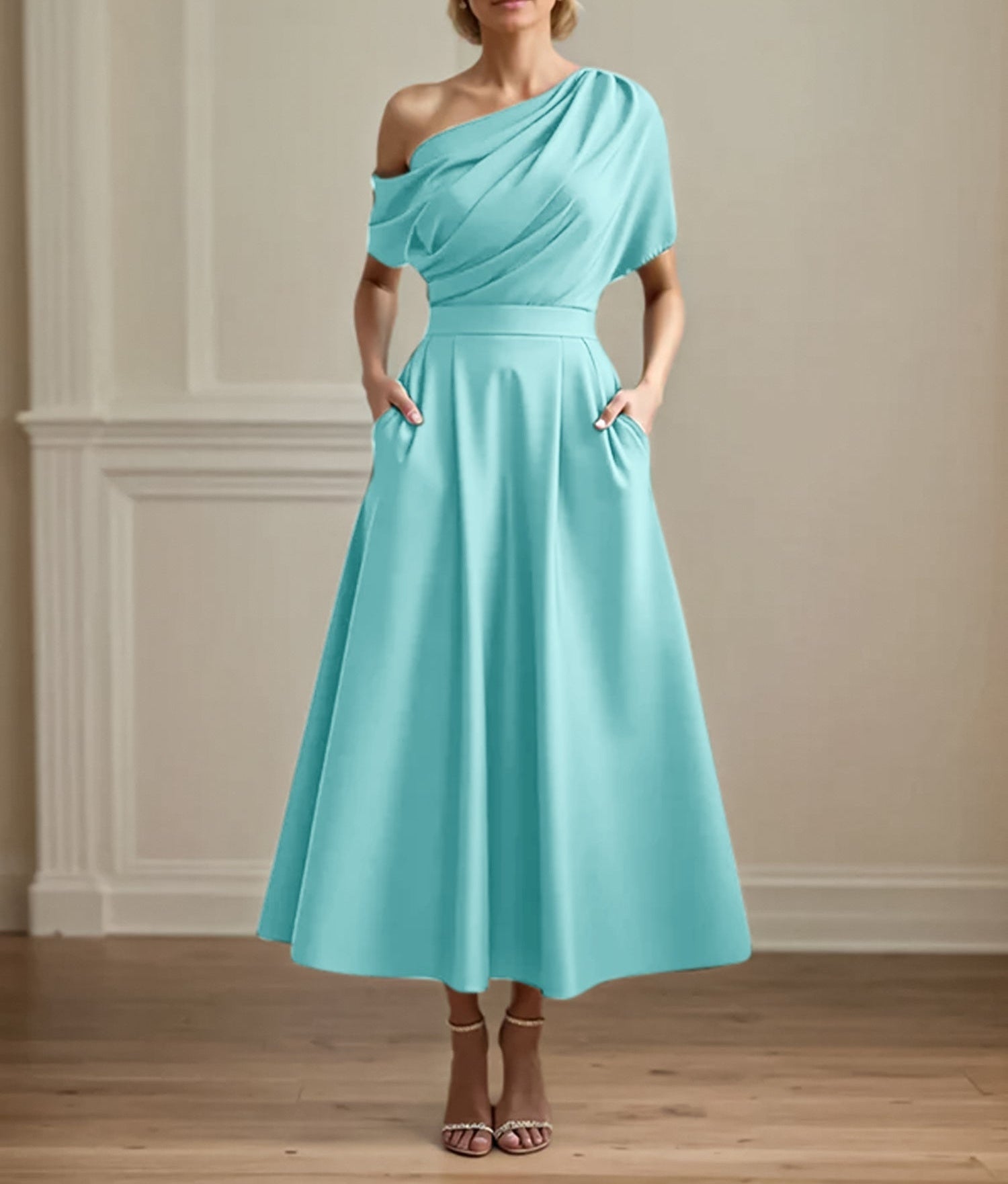 A Line Satin One Shoulder Pleated Ankle Length Mother of the Bride Dress