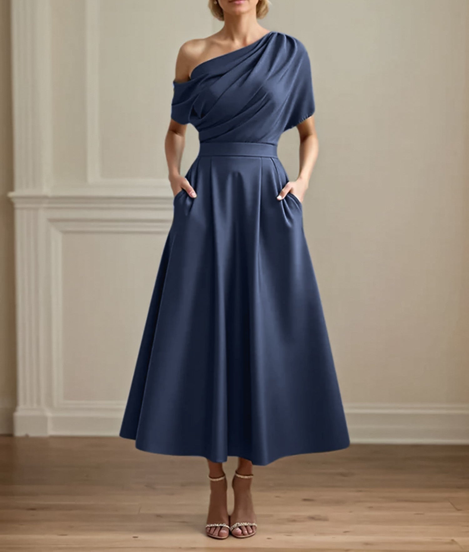 A Line Satin One Shoulder Pleated Ankle Length Mother of the Bride Dress