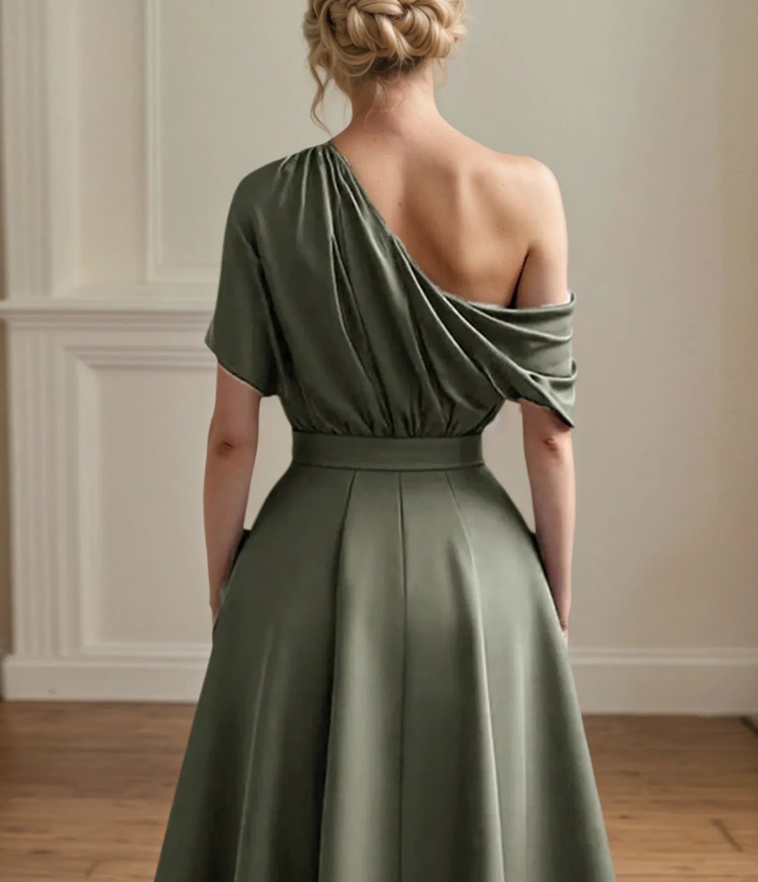 A Line Satin One Shoulder Pleated Ankle Length Mother of the Bride Dress