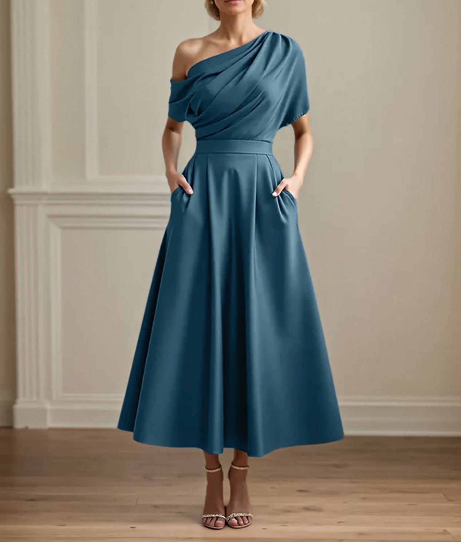 A Line Satin One Shoulder Pleated Ankle Length Mother of the Bride Dress