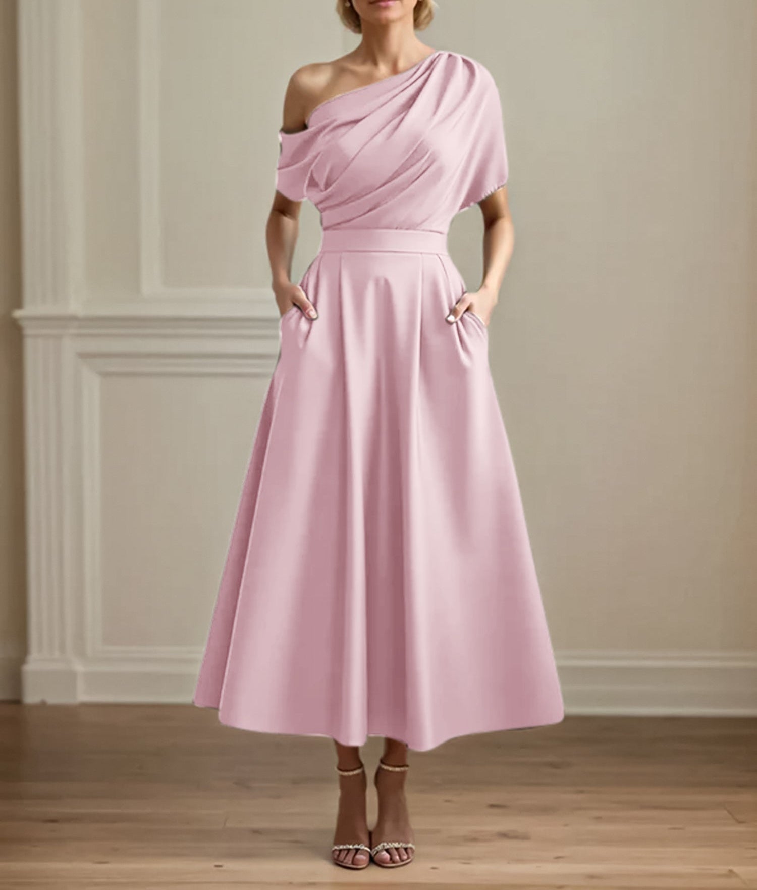 A Line Satin One Shoulder Pleated Ankle Length Mother of the Bride Dress