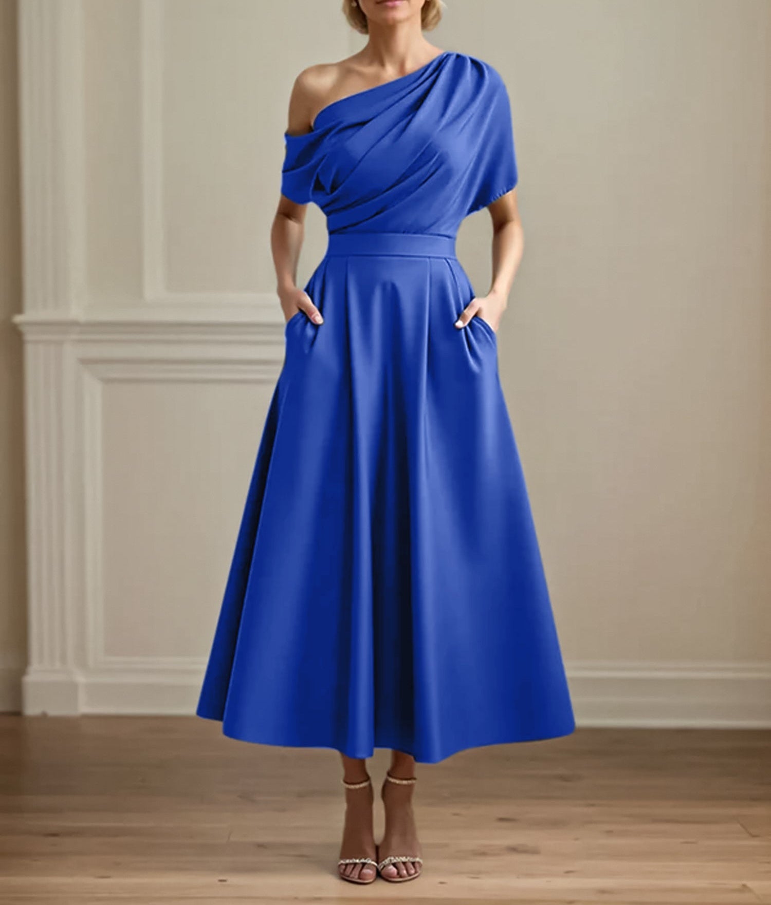 A Line Satin One Shoulder Pleated Ankle Length Mother of the Bride Dress
