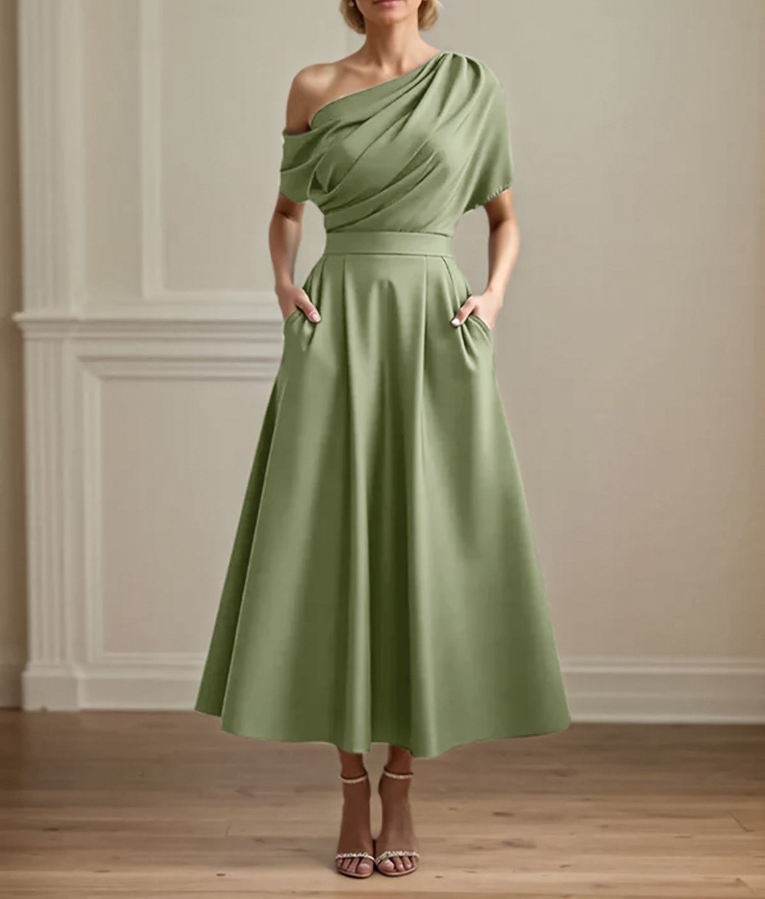 A Line Satin One Shoulder Pleated Ankle Length Mother of the Bride Dress