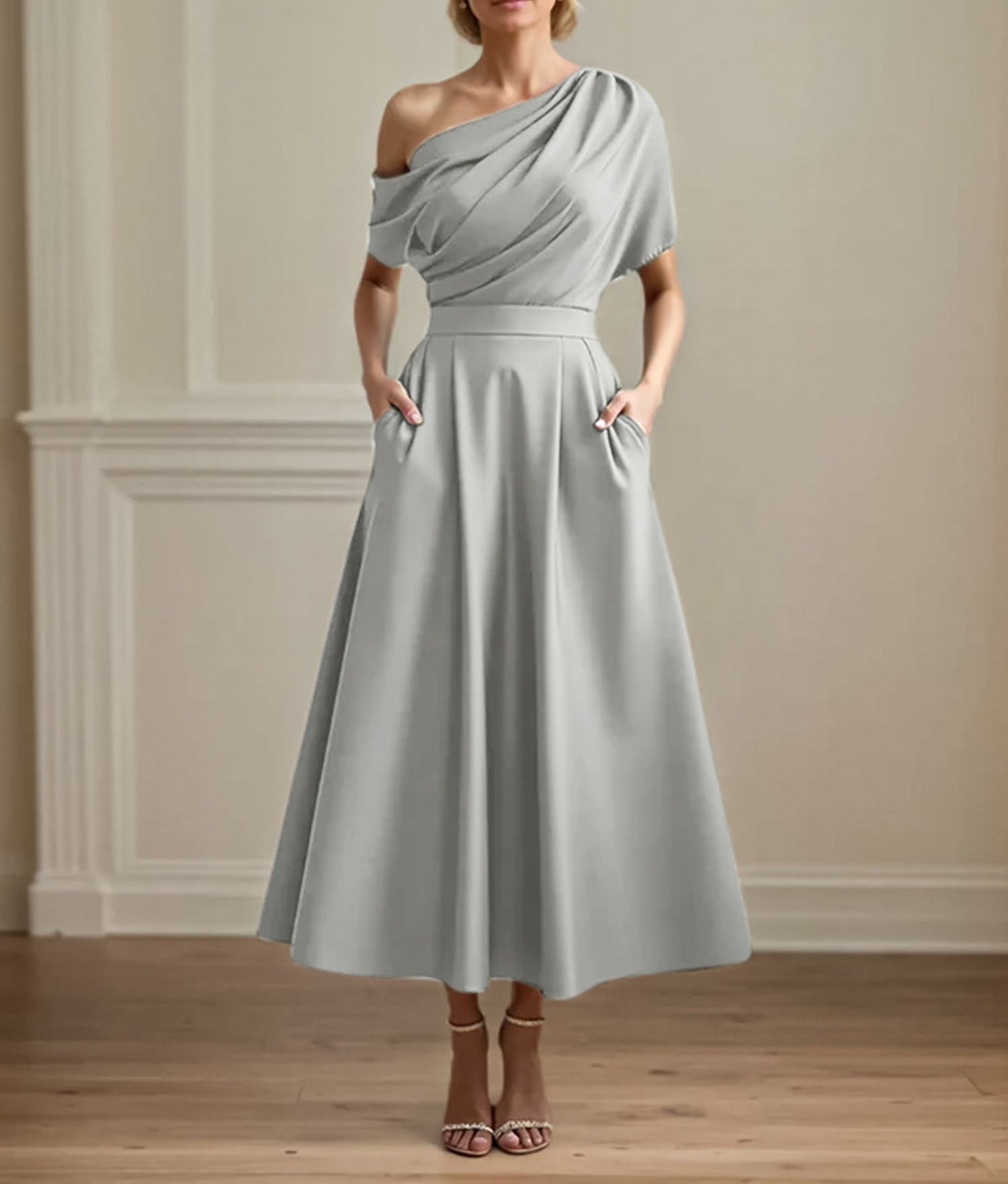 A Line Satin One Shoulder Pleated Ankle Length Mother of the Bride Dress