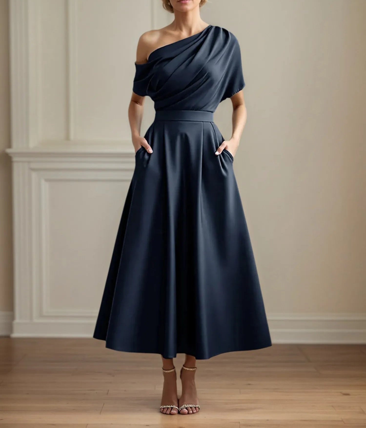 A Line Satin One Shoulder Pleated Ankle Length Mother of the Bride Dress