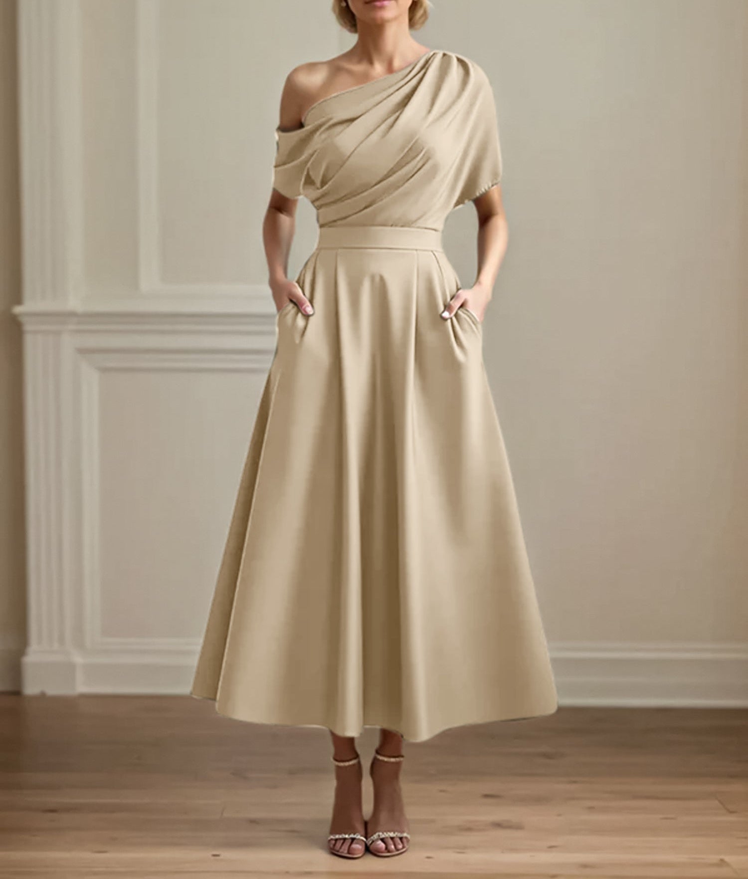 A Line Satin One Shoulder Pleated Ankle Length Mother of the Bride Dress