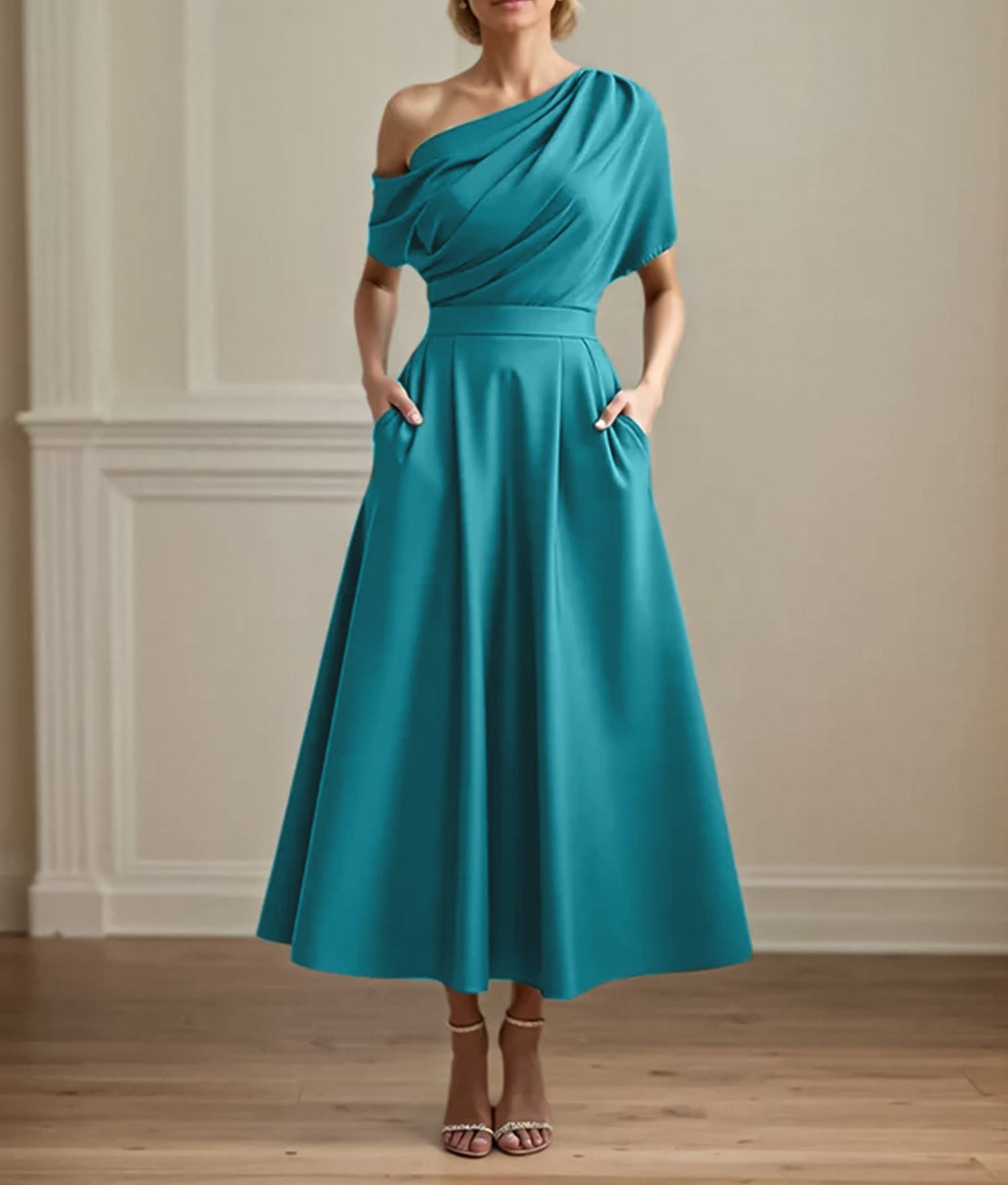 A Line Satin One Shoulder Pleated Ankle Length Mother of the Bride Dress