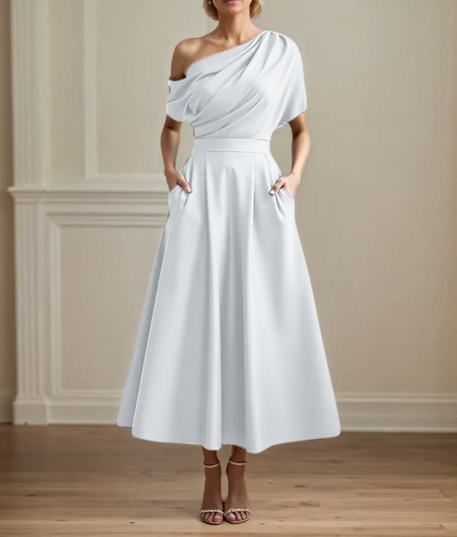 A Line Satin One Shoulder Pleated Ankle Length Mother of the Bride Dress