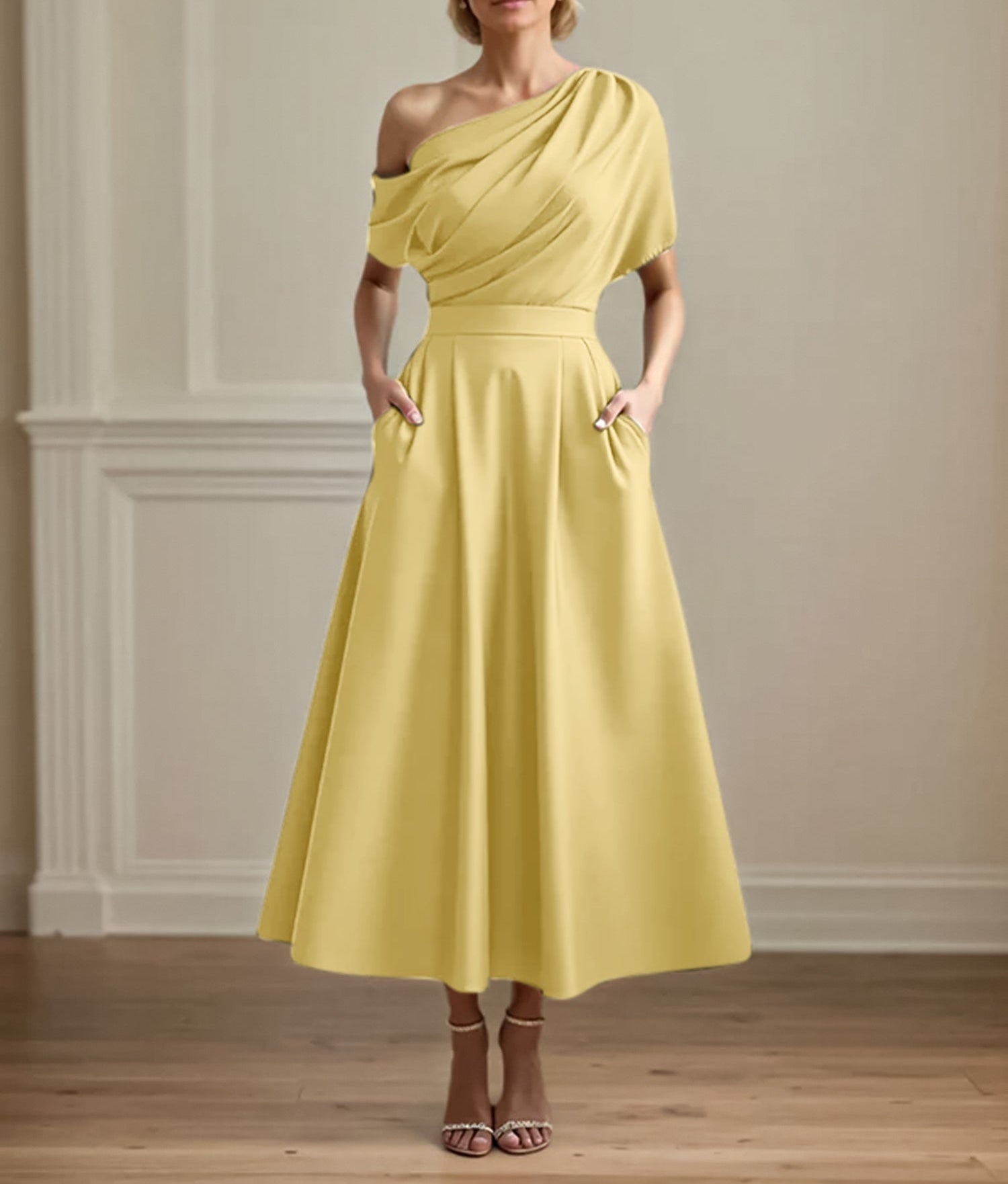 A Line Satin One Shoulder Pleated Ankle Length Mother of the Bride Dress