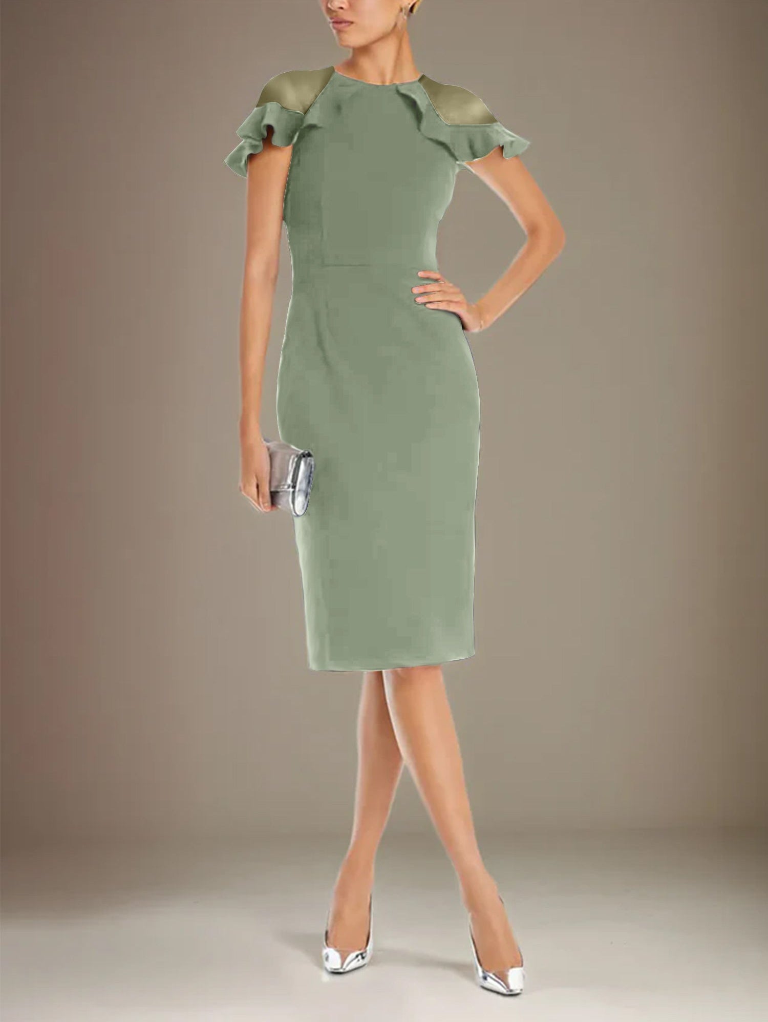 Sheath/Column Stretch Crepe Scoop Short Sleeves Knee Length Dress