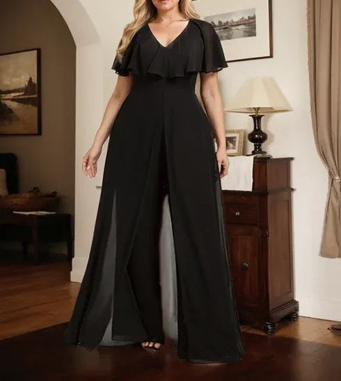 Jumpsuit/Pantsuit V-Neck Floor-Length Chiffon Evening Dress