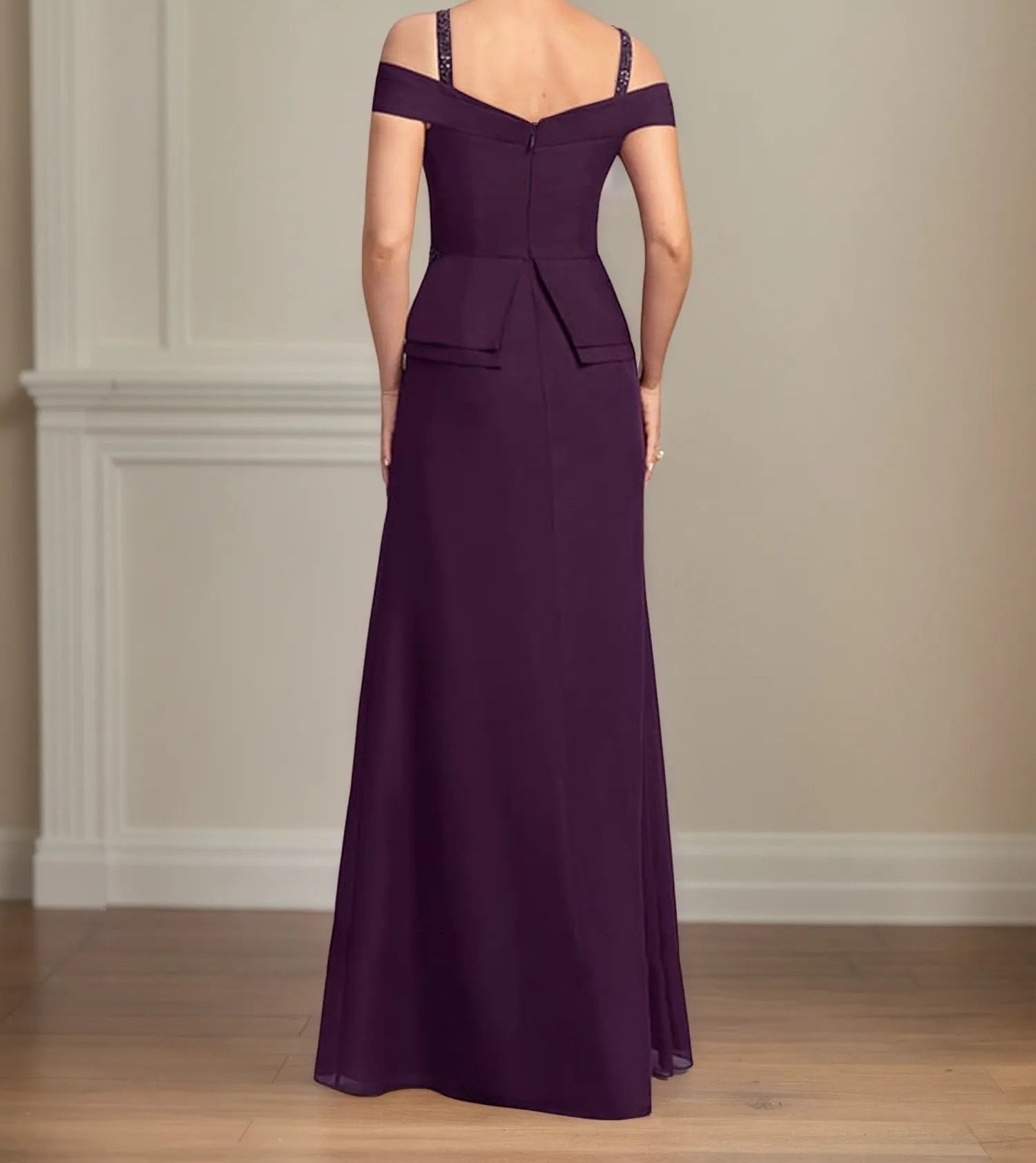 A Line Cold Shoulder Floor Length Chiffon Mother of the Bride Dress With Beading Sequins