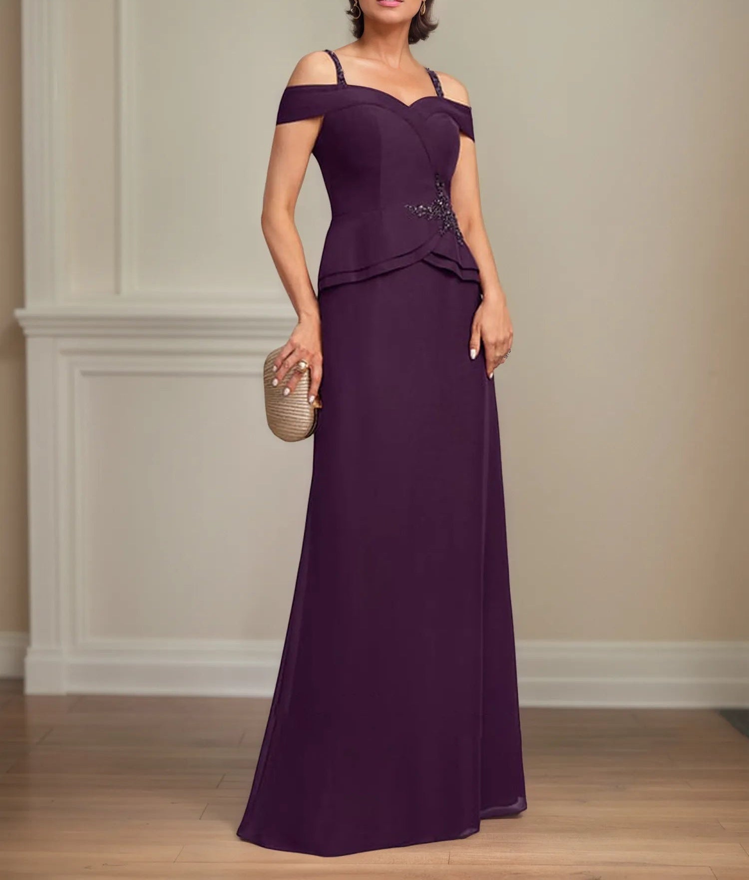 A Line Cold Shoulder Floor Length Chiffon Mother of the Bride Dress With Beading Sequins