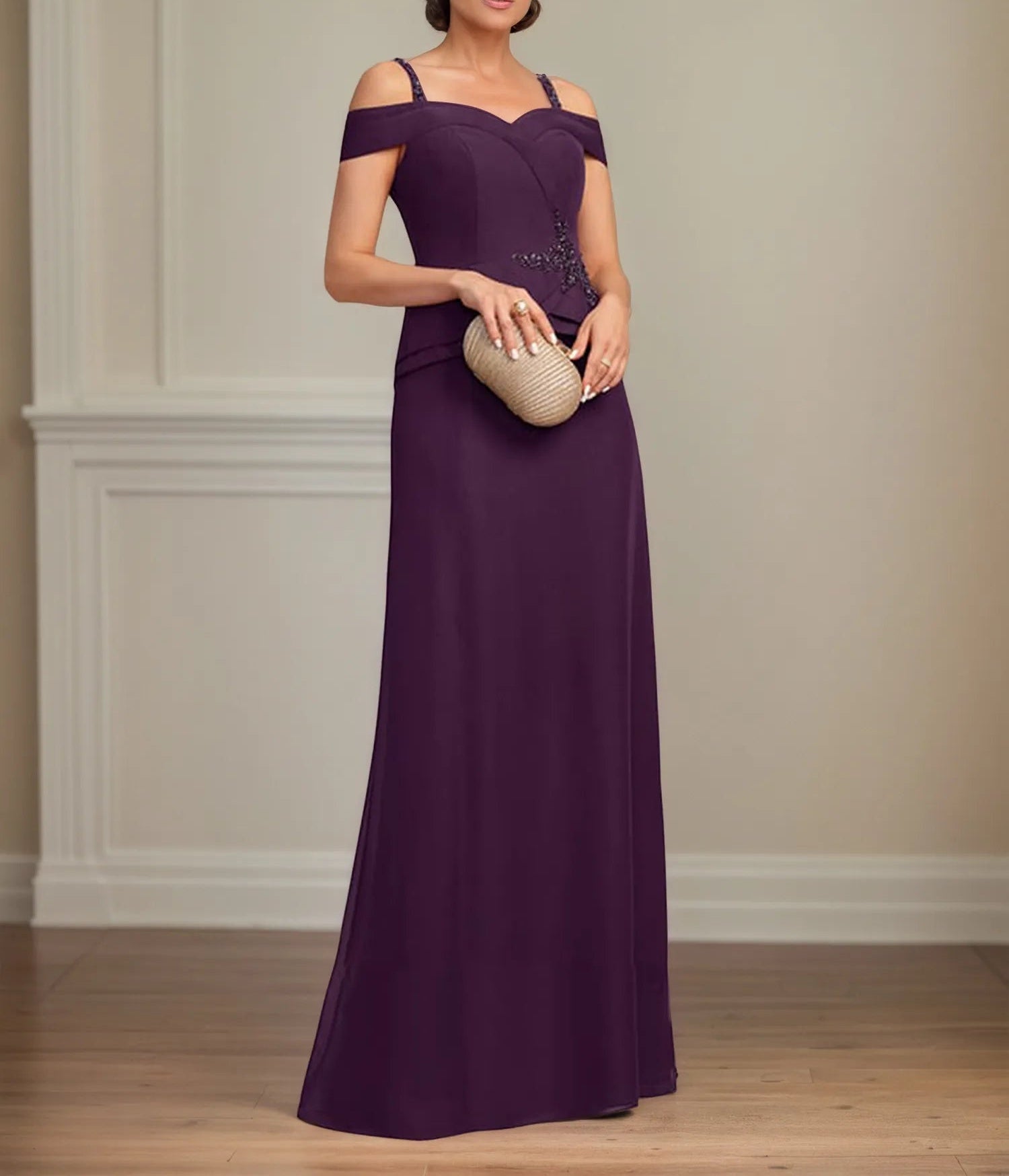 A Line Cold Shoulder Floor Length Chiffon Mother of the Bride Dress With Beading Sequins