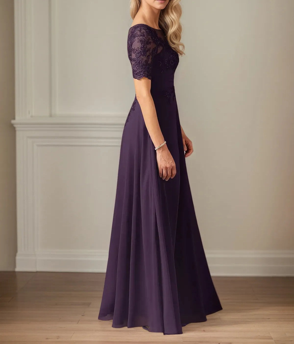 A Line Chiffon Scoop Neck Short Sleeves Floor Length Dress