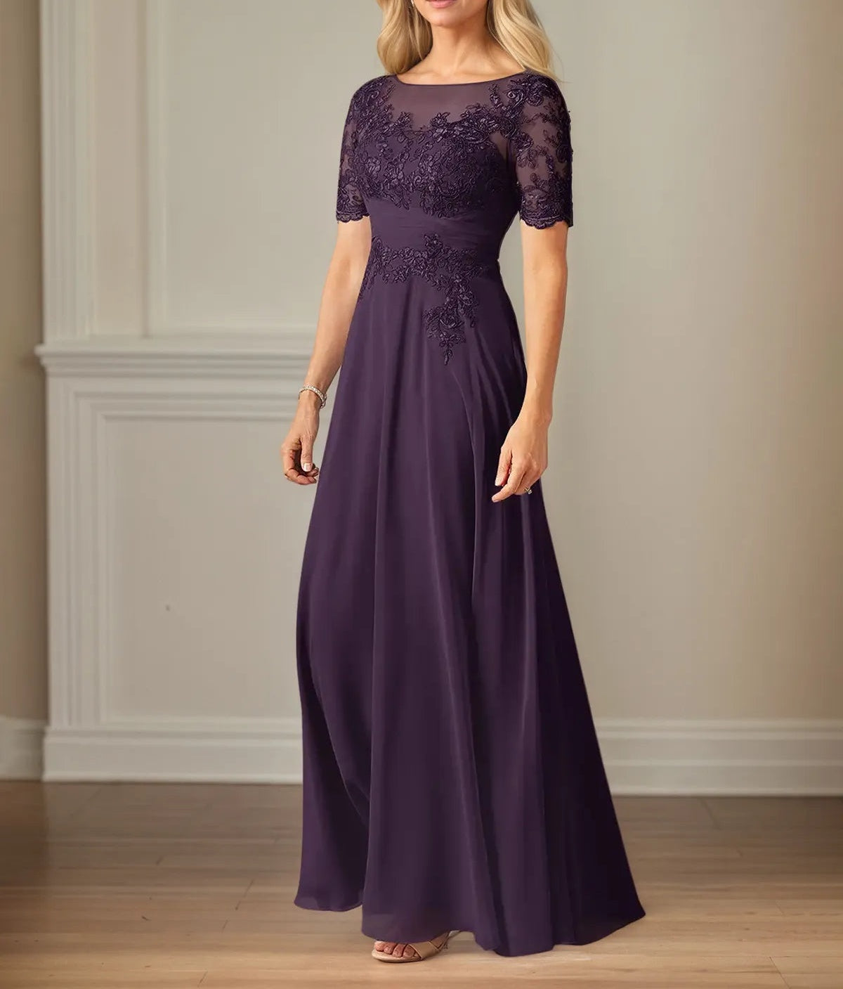 A Line Chiffon Scoop Neck Short Sleeves Floor Length Dress