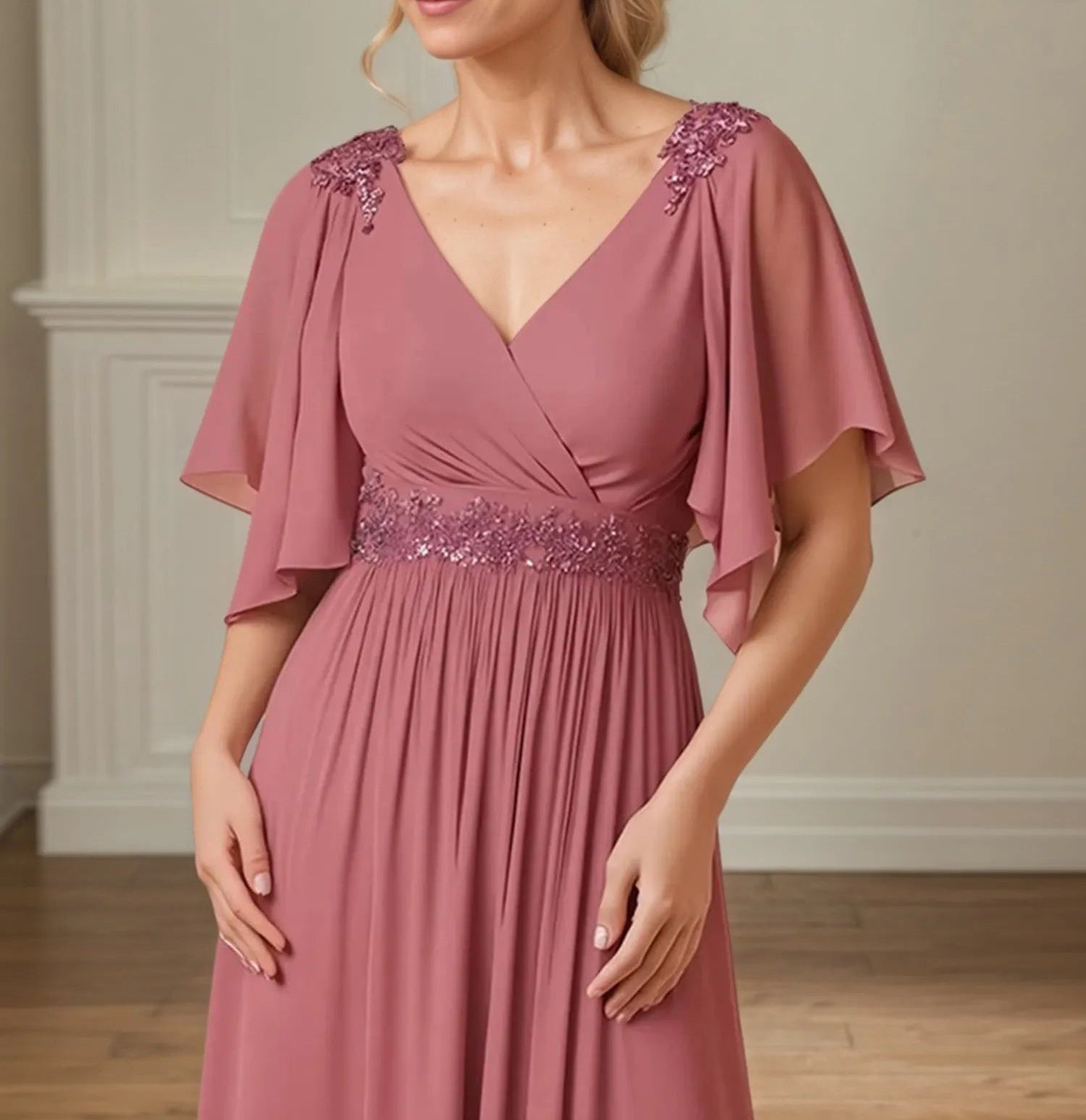 A Line Chiffon Floor Length Mother of the Bride Dress with Appliques