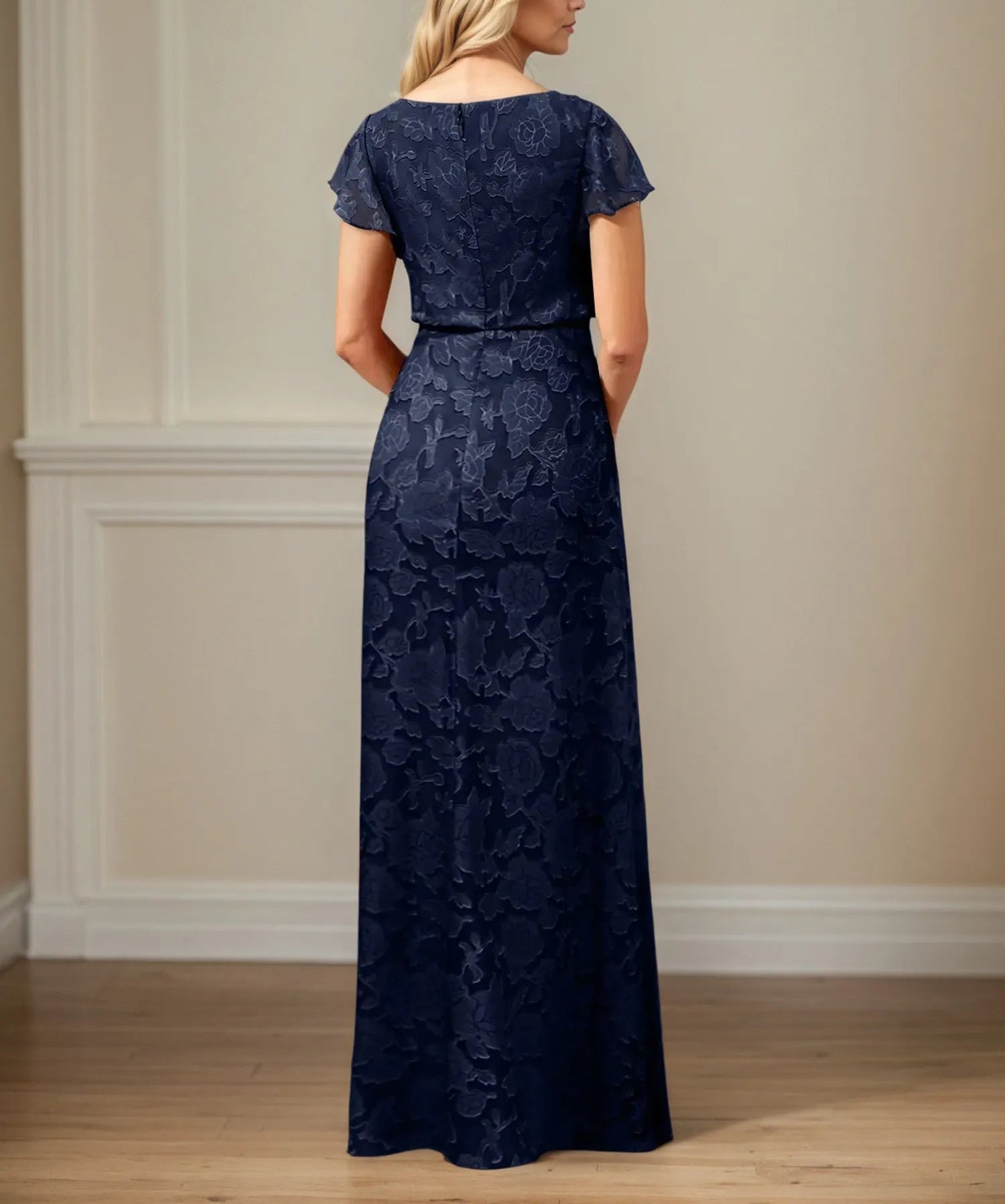 A Line Boat Neck Short Sleeve Floral Burnout Mother of the Bride Dress