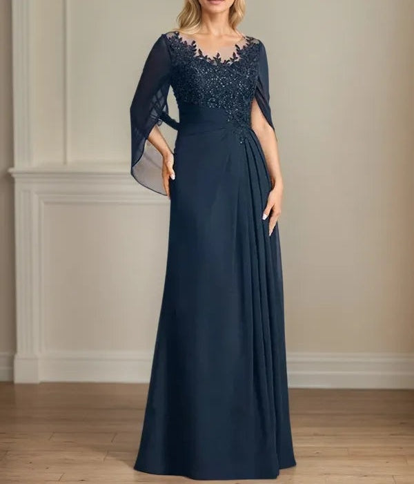 A Line Scoop 3/4 Sleeve Chiffon Mother of the Bride Dress With Appliques