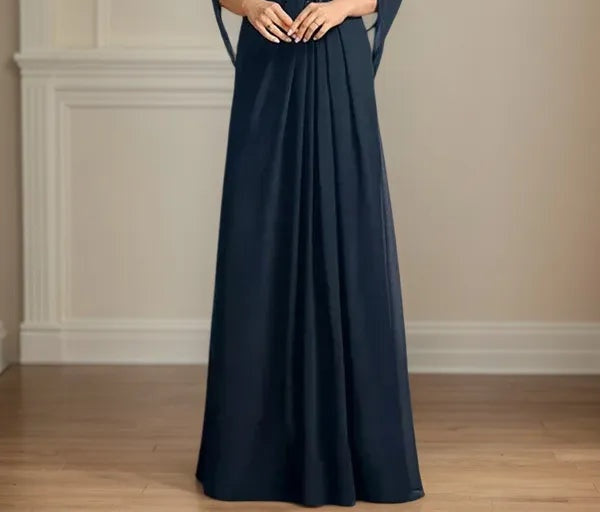 A Line Scoop 3/4 Sleeve Chiffon Mother of the Bride Dress With Appliques