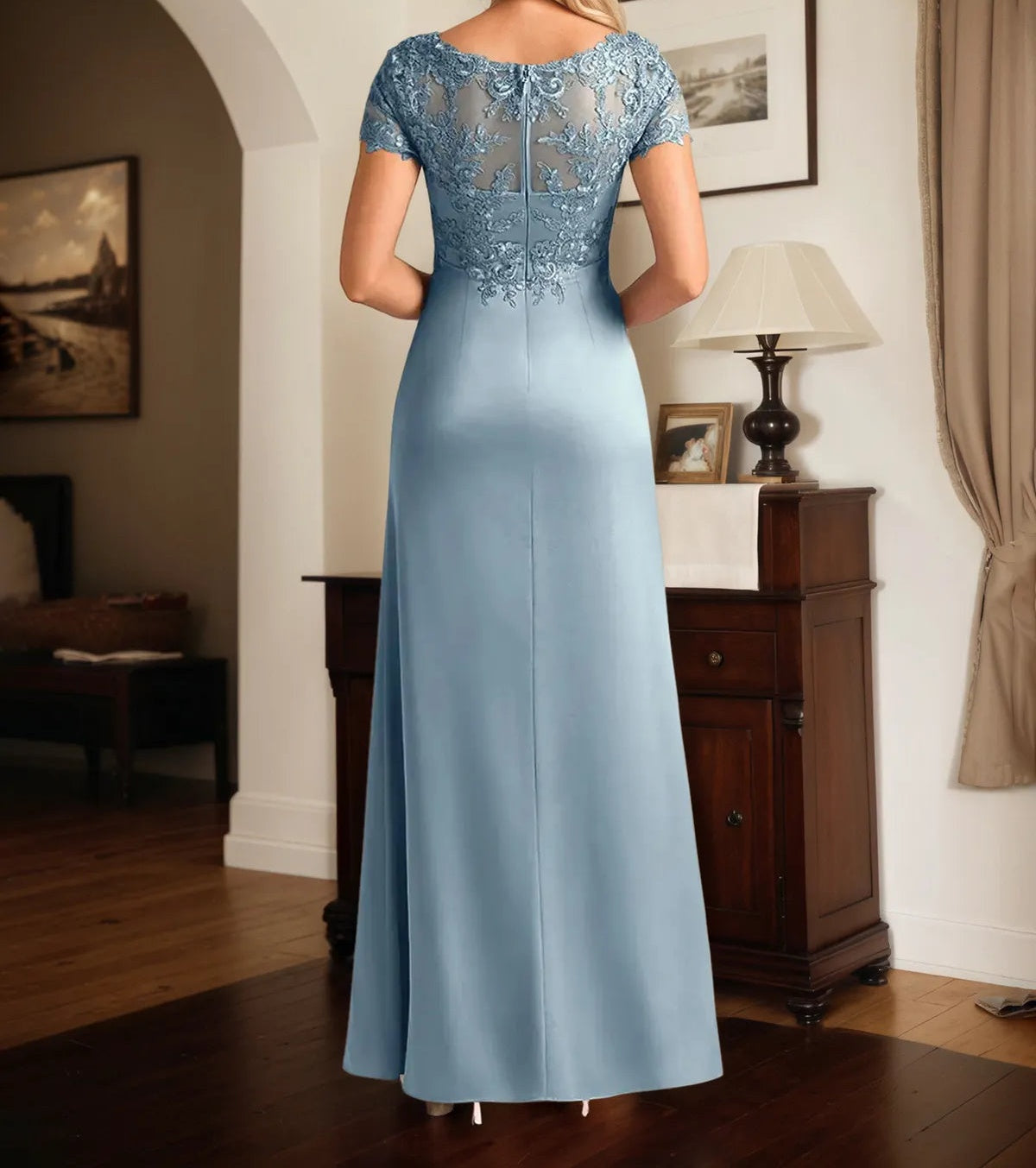 A Line Satin V Neck Short Sleeve Floor Length Dress With Appliques